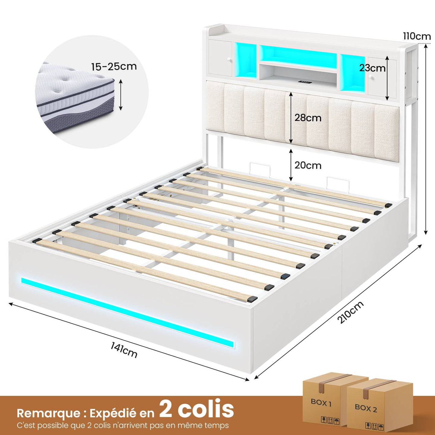 Lit double AOGLLATI 140 × 190 cm avec rangement hydraulique équipé d'un espace de rangement en tête de lit d'un éclairage d'ambiance LED d'une station de recharge USB et d'une tête de lit rembourrée