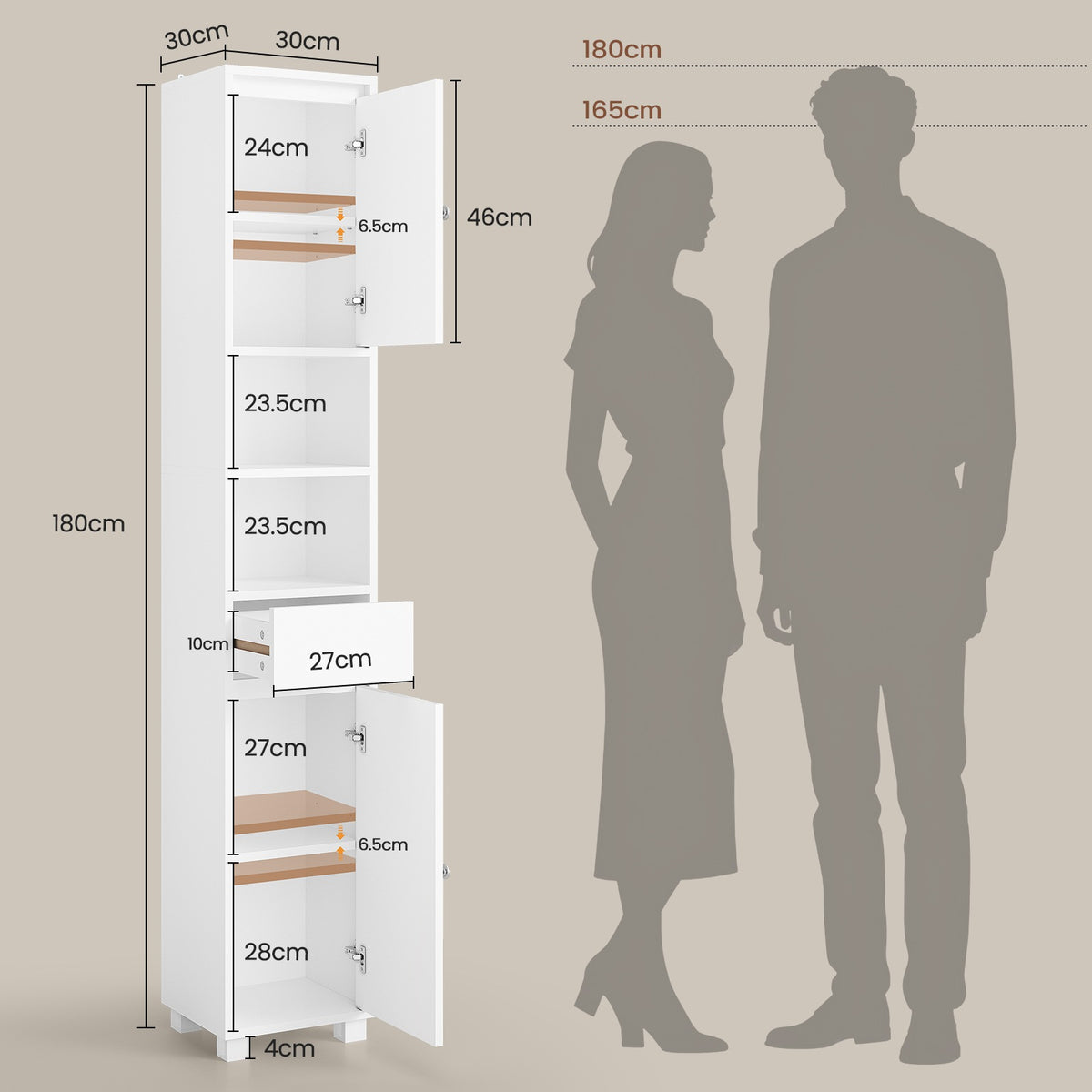 Armoire de Salle de Bain Meuble de Rangement avec Tiroir Étagères Réglables 2 Étagères Ouvertes 30 x 30 x 180 cm Blanc