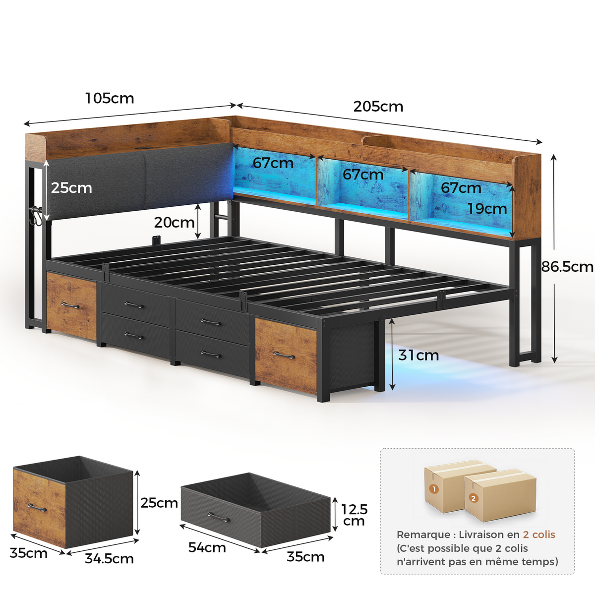AOGLLATI Canapé Lit 90x190 avec Rangement Lit Coffre avec Multiprise et Éclairage LED Lit Enfant avec Tête de Lits Rembourrée 6 Compartiments & 6 Tiroirs