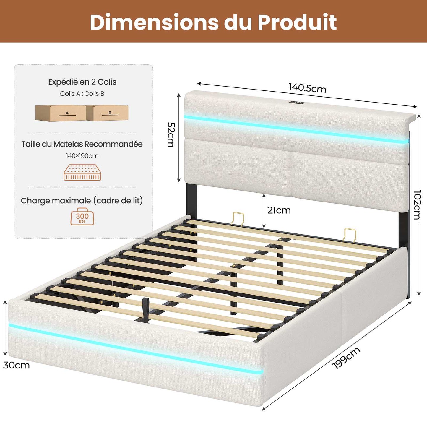 Lit double AOGLLATI 140 x 190 cm avec station de charge hydraulique et éclairage LED tête de lit rembourrée gris foncé