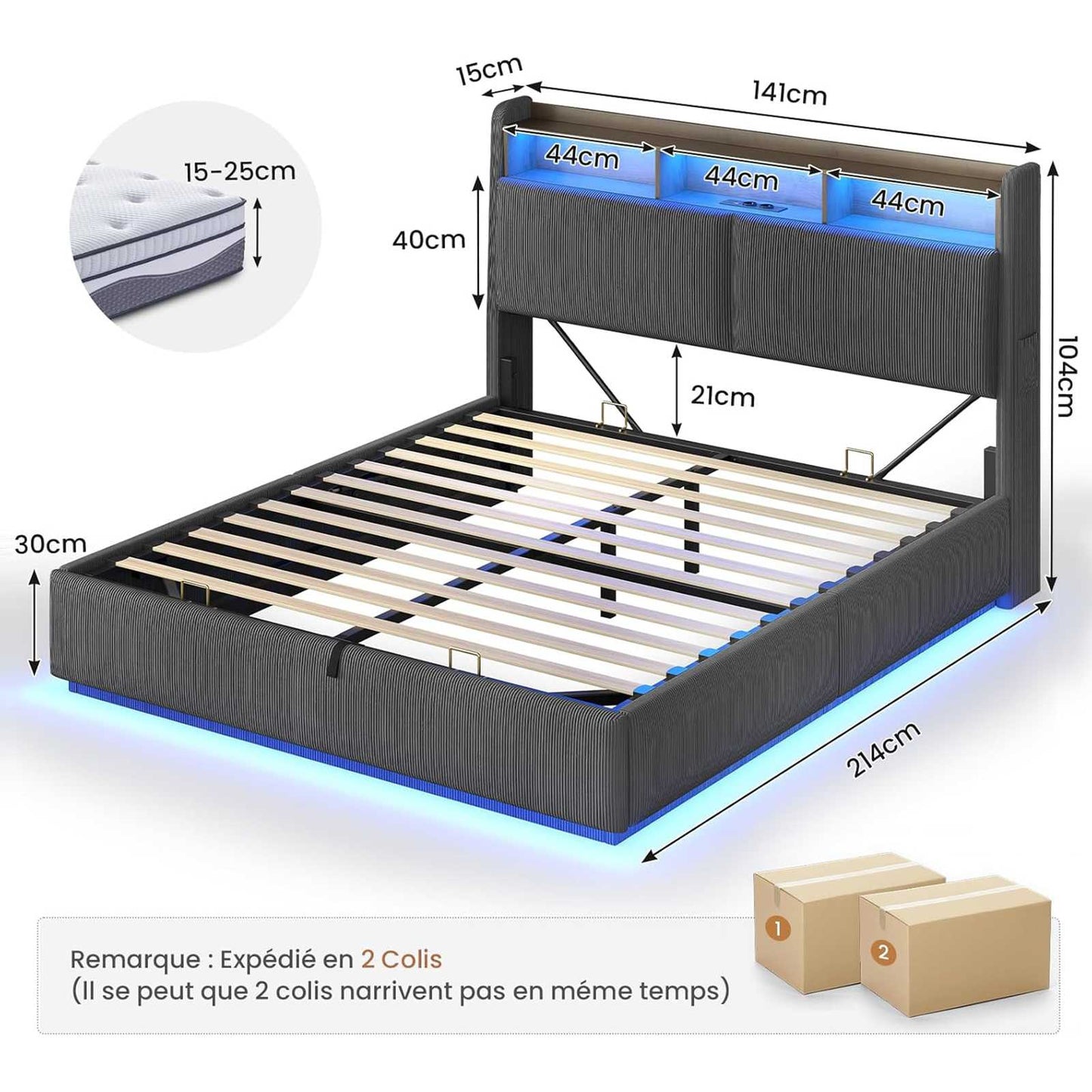 AOGLLATI Lit avec rangement 140 x 190 équipé d'un éclairage LED RGB de plusieurs prises électriques et de nombreux espaces de rangement lit double en velours côtelé beige