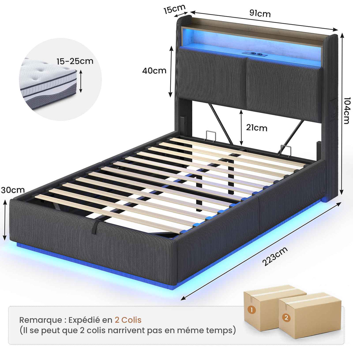 AOGLLATI Lit de 90 × 200 équipé d'un éclairage LED et de plusieurs prises électriques avec une tête de lit rembourrée et des espaces de rangement dissimulés lit d'enfant en velours côtelé blanc
