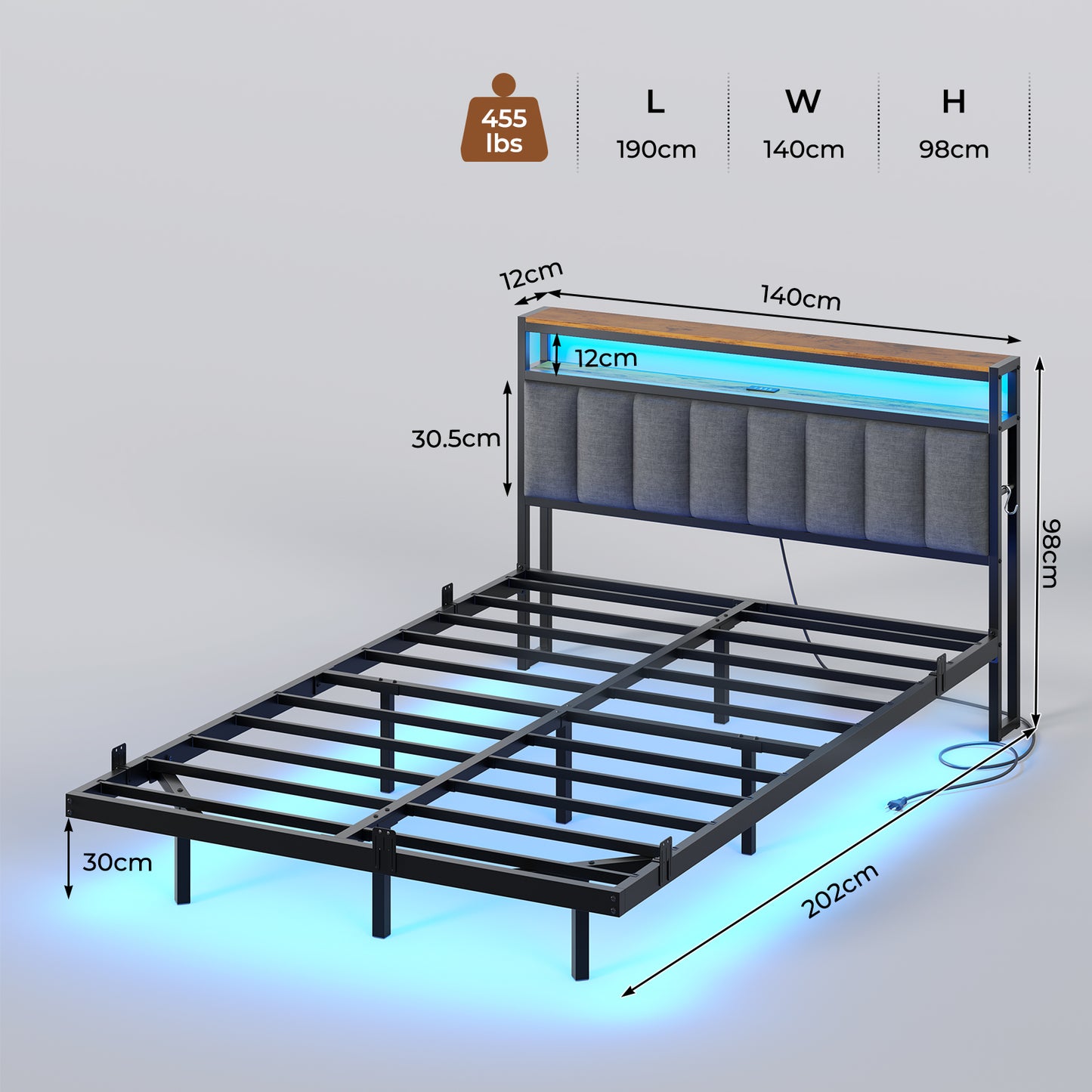 AOGLLATI AOGLLATI 140 x 190 sommier avec éclairage LED multiprise tête de lit avec rangement structure métallique lit double surélevé