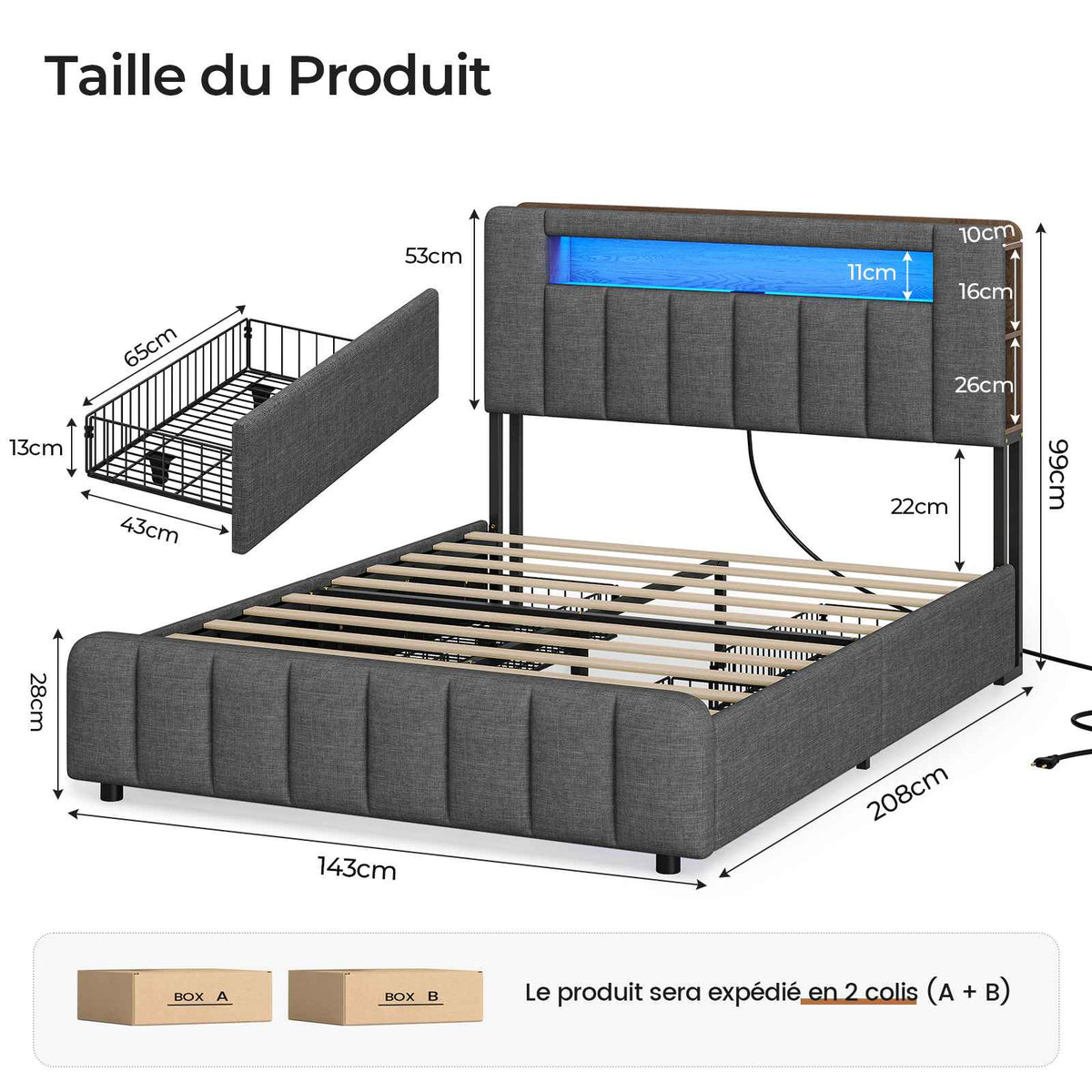 Lit AOGLLATI 140 x 190 à LED avec multiprise et 4 grands tiroirs tête de lit rembourrée et espace de rangement sous le lit