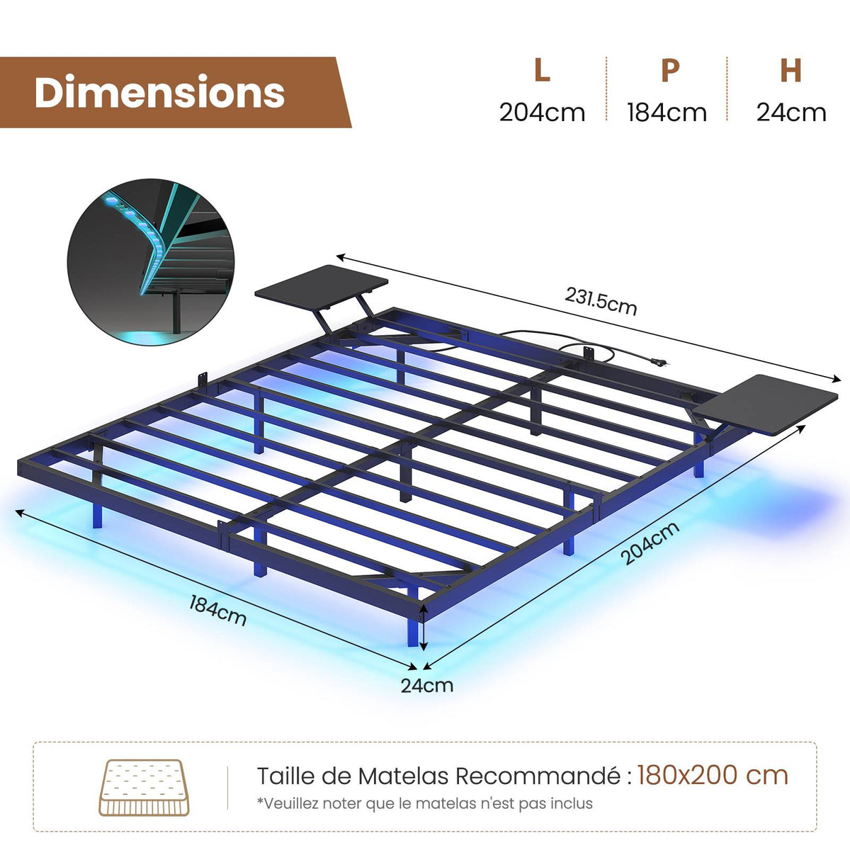 Lit double AOGLLATI 180 x 200 équipé de 2 tablettes de chevet d'un sommier métallique de plusieurs prises électriques et d'un éclairage LED