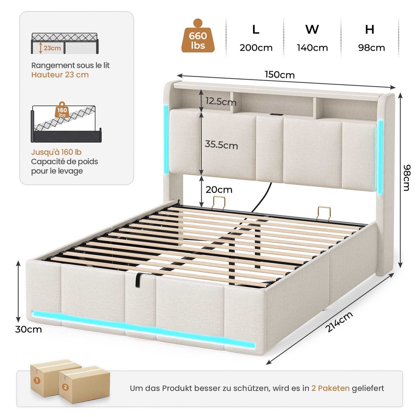 Lit double AOGLLATI 140 x 200 avec rangement hydraulique, éclairage LED et prises électriques, tête de lit rembourrée avec étagère ouverte et espace de rangement dissimulé