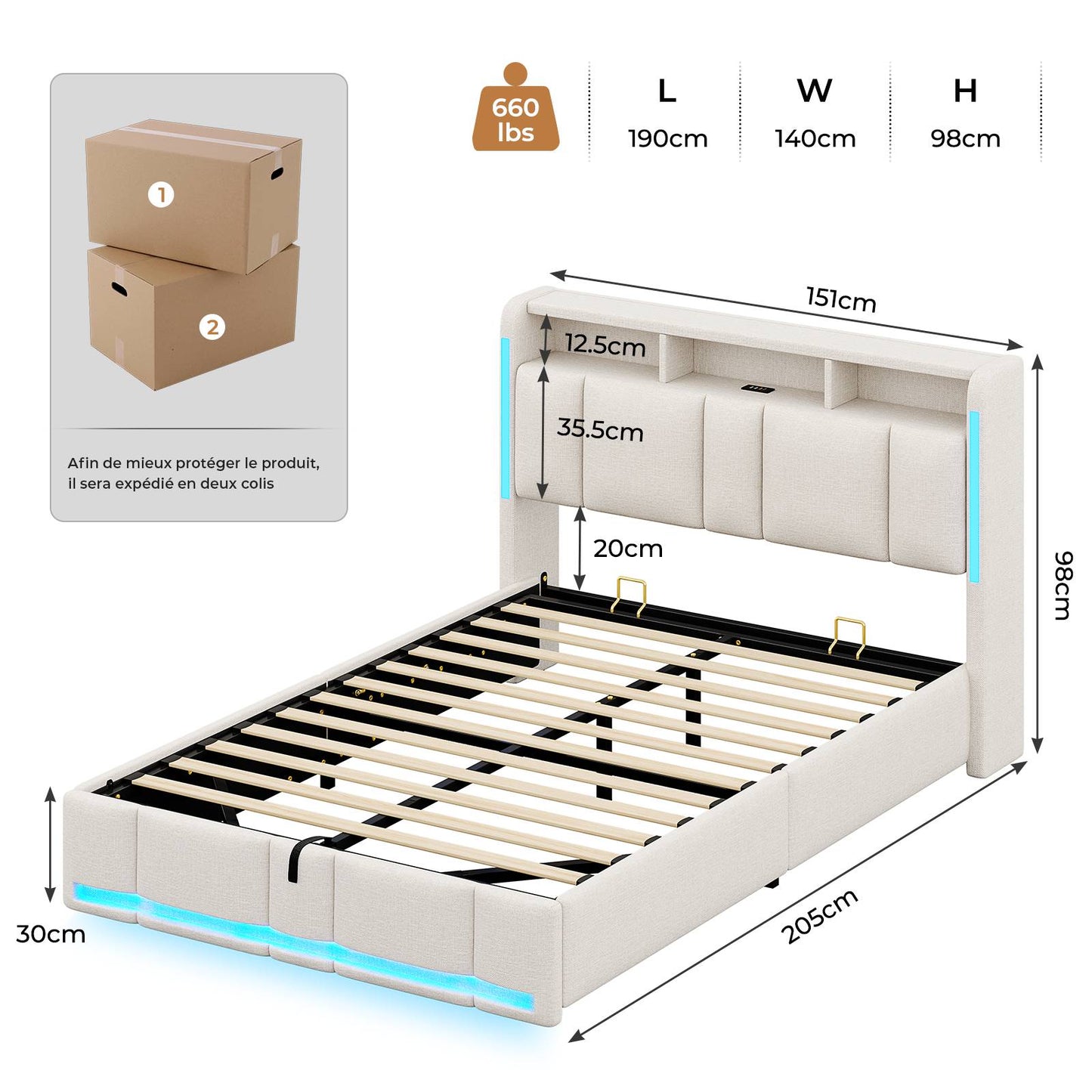 AOGLLATI Lit Coffre 140x190 CM Lit Double avec LED et Ports USB Cadre de lit avec Tête de Lit capitonné et Rangement