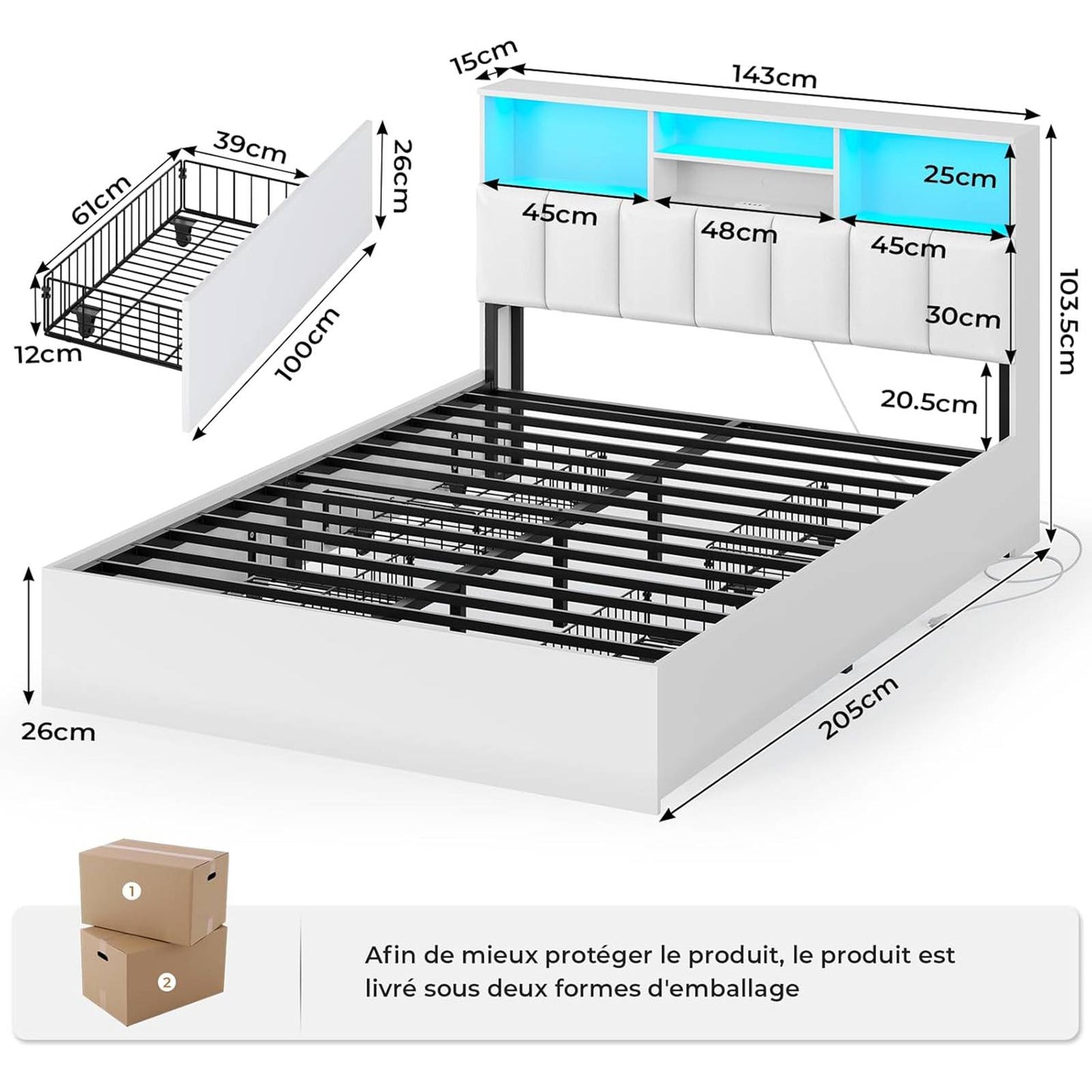 Lit AOGLLATI 140 × 190 avec espace de rangement et tête de lit rembourrée équipé de ports USB et d'un éclairage LED le lit double est doté de 4 grands tiroirs
