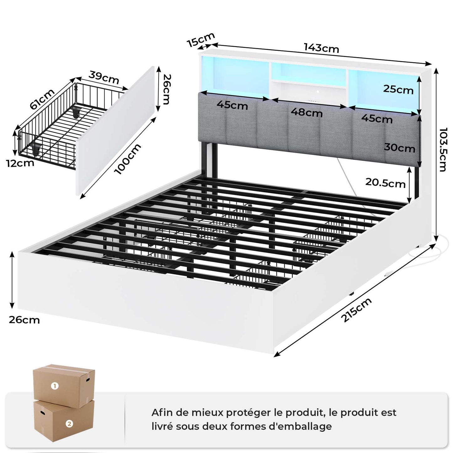 Lit AOGLLATI 140 × 200 avec espace de rangement et tête de lit rembourrée équipé de ports USB et d'un éclairage LED le lit double est doté de 4 grands tiroirs