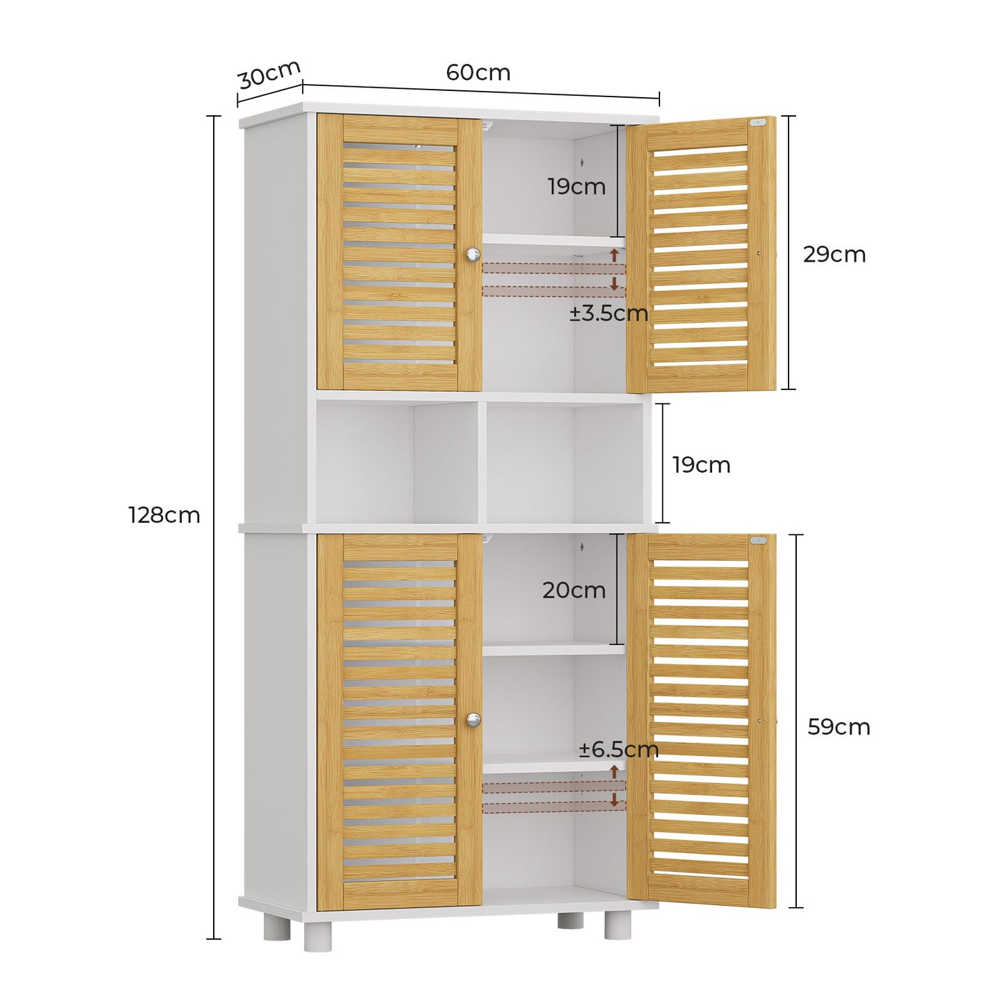 Meuble de Rangement Meuble Colonne pour Salle de Bain avec 4 Portes en Bambou 2 Étagères Réglables et Ouvertes