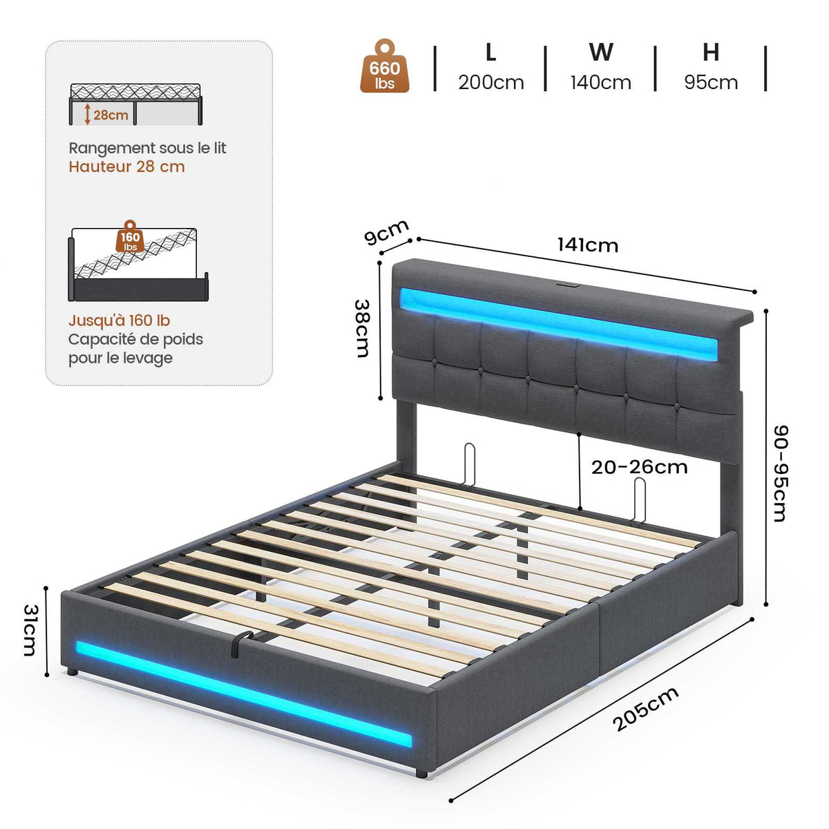 AOGLLATI 140 × 200 cm lit double avec éclairage LED et port USB, espace de rangement tête de lit réglable sommier à lattes rembourré