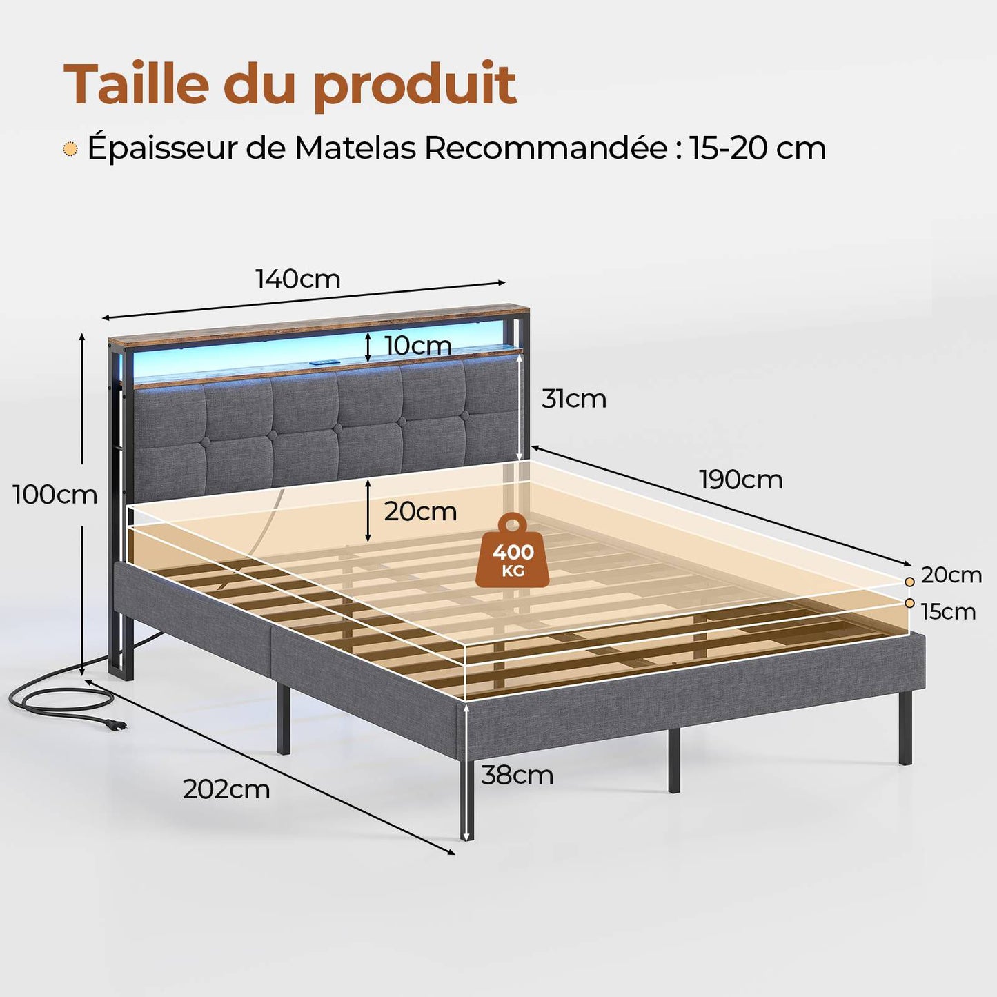 Lit double AOGLLATI 140 x 190 avec multiprise et éclairage LED réglable équipé d'un sommier métallique