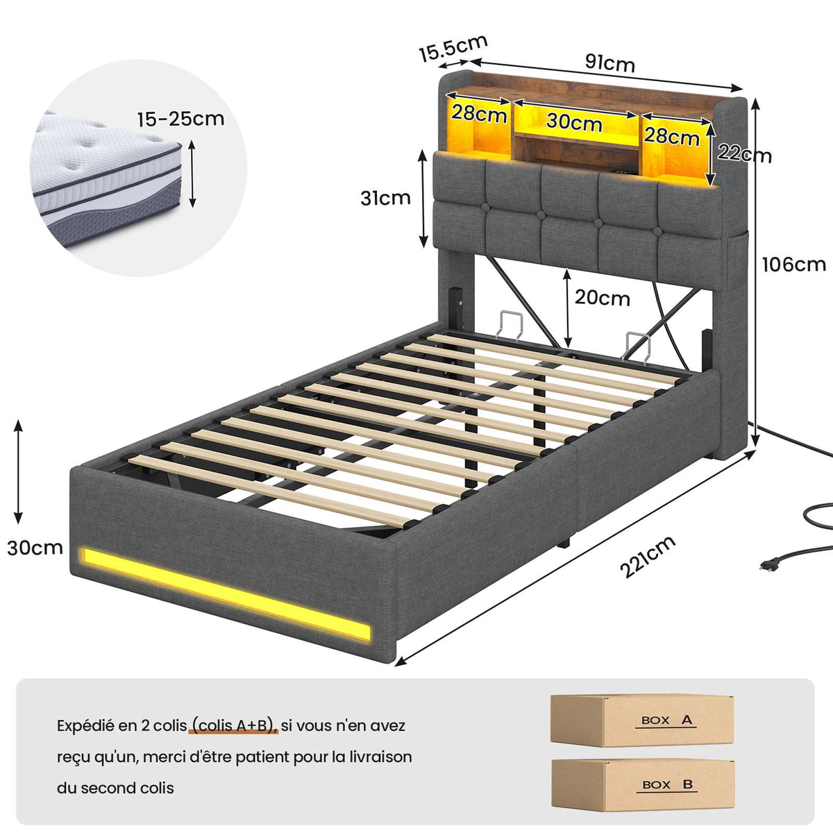 Lit simple avec rangement AOGLLATI 90 x 200 avec multiprise et éclairage LED réglable doté de 5 compartiments de rangement et d'un espace de rangement sous le lit en lin gris foncé