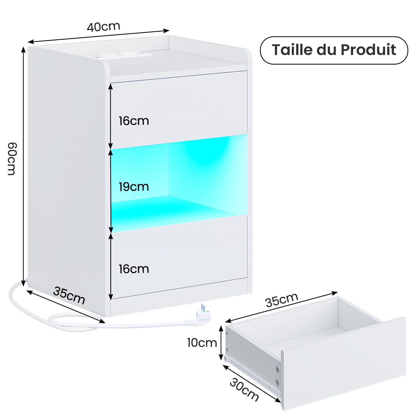 Table de chevet AOGLLATI à LED avec multiprise et station de recharge équipée de 2 tiroirs et d'un compartiment de rangement 40 x 35 x 60 cm