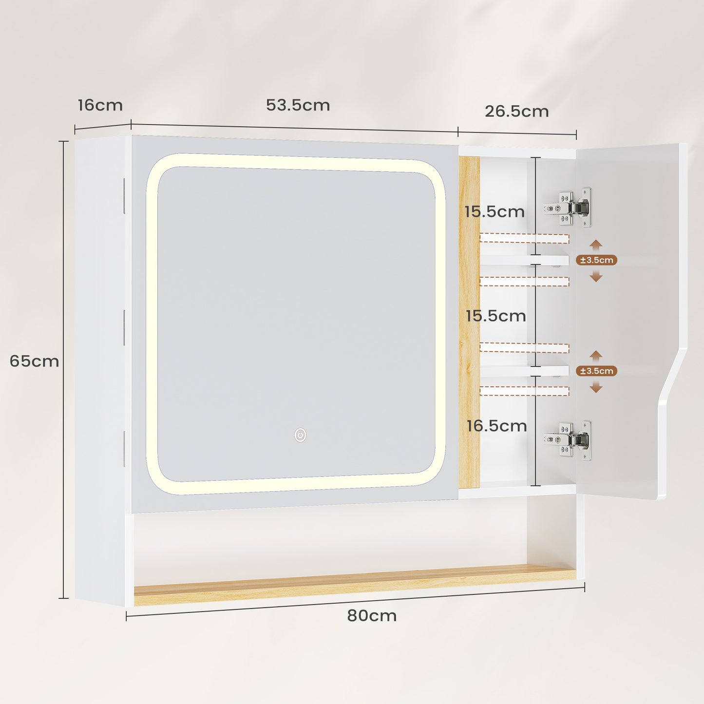 Meuble de Salle de Bain avec Éclairage LED et Miroir HD Armoire Miroir Salle de Bain avec 3 Étagères Réglables