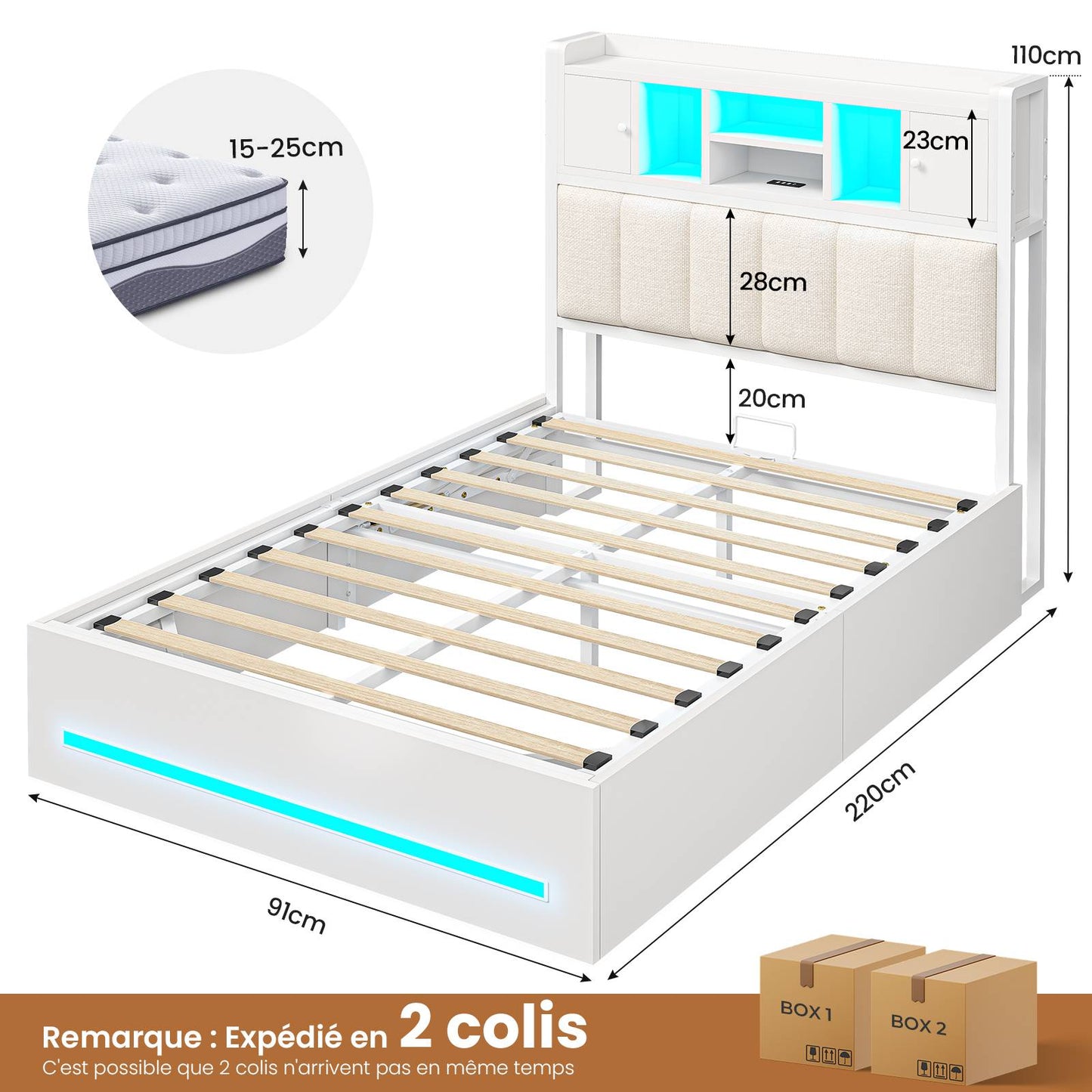 Lit AOGLLATI 90 x 200 avec rangement hydraulique et rangement en tête de lit lit pour adolescent avec éclairage LED et station de recharge lit simple rembourré avec sommier en bois