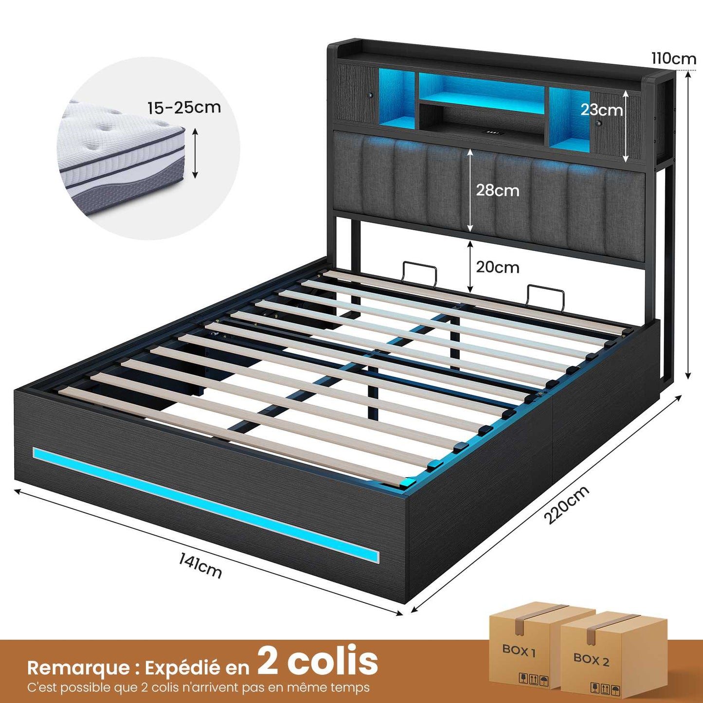Lit double AOGLLATI 140 × 200 cm avec rangement hydraulique équipé d'un espace de rangement en tête de lit d'un éclairage d'ambiance LED d'une station de recharge USB et d'une tête de lit rembourrée