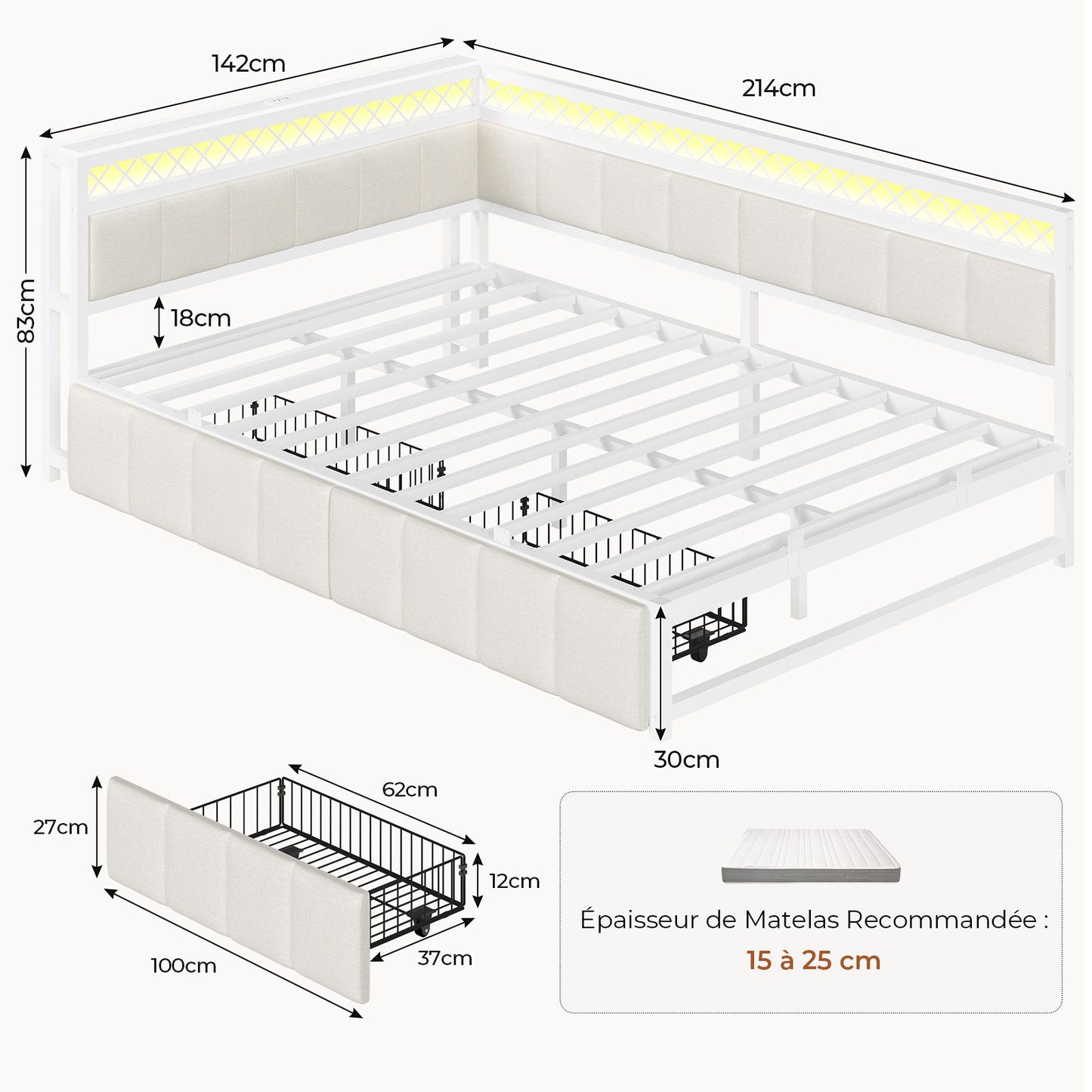 AOGLLATI Canapé Lit 140x200 avec Étagère Ouverte et 2 Grands Tiroirs Lit 140x200 avec Éclairage LED et Multiprise