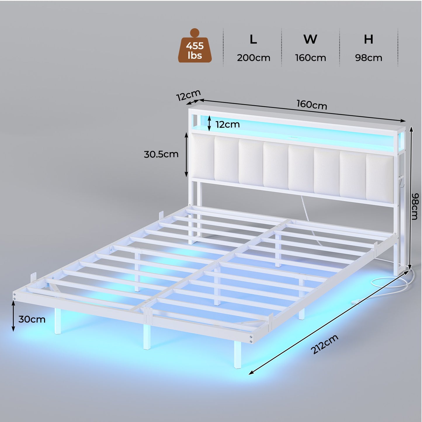 AOGLLATI Cadre de Lit 160x200 avec Multiprise et Éclairage LED Lit 2 Personnes Flottant avec Tête de Lit Rangement