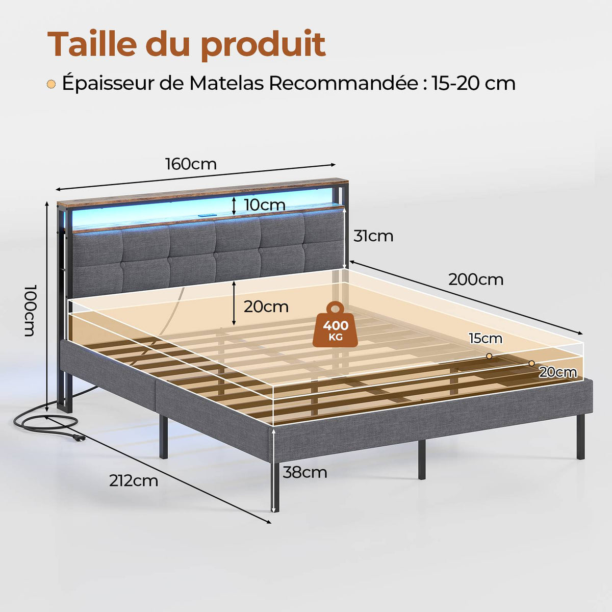 Lit double AOGLLATI 160 x 200 avec multiprise et éclairage LED réglable équipé d'un sommier métallique