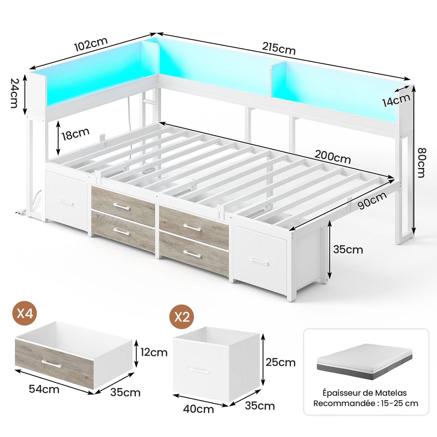 Canapé-lit AOGLLATI à dossier rabattable avec éclairage LED et multiprise lit 90 x 200 avec sommier métallique 3 compartiments de rangement ouverts et 6 tiroirs