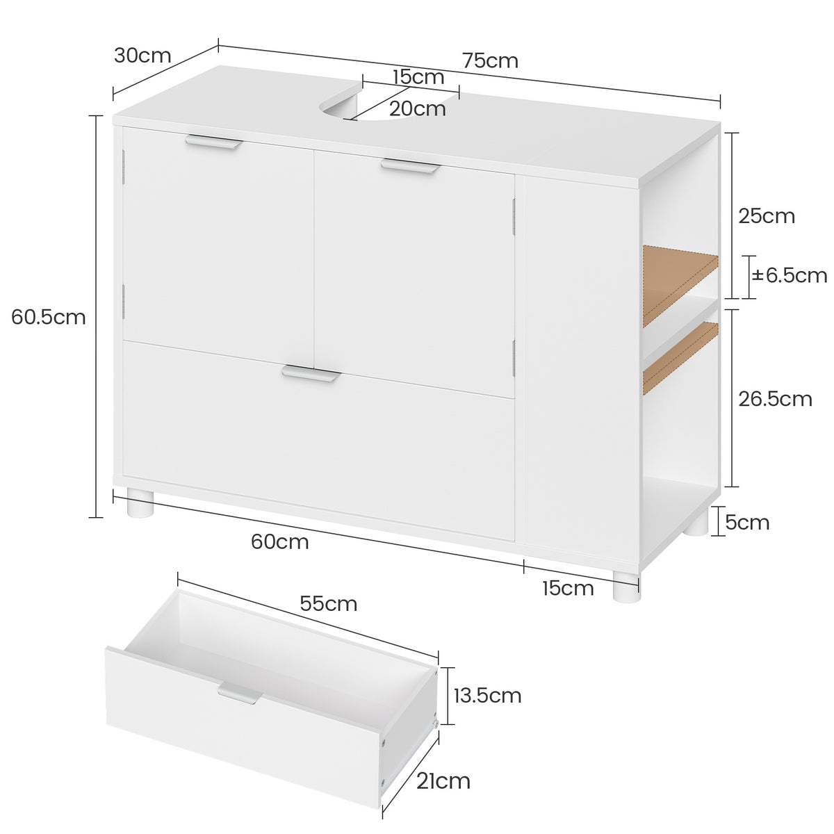 AOGLLATI Meuble-lavabo blanc avec double porte grands tiroirs et étagère ouverte sur un côté Dimensions 30 x 60 x 75 cm
