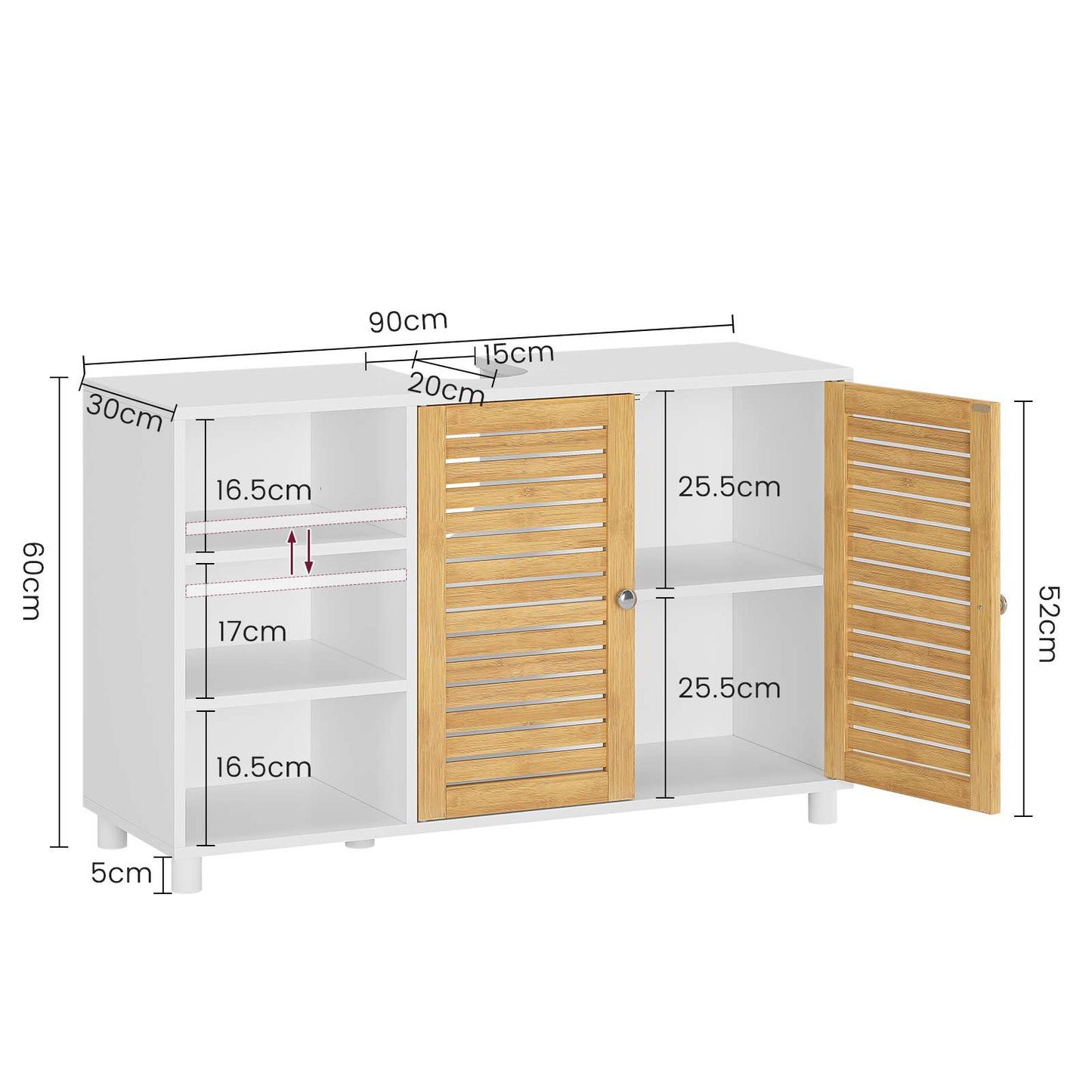 AOGLLATI Meuble sous-évier meuble vasque avec portes d'armoire en bambou étagères ouvertes et étagères réglables 30 x 90 x 60 cm