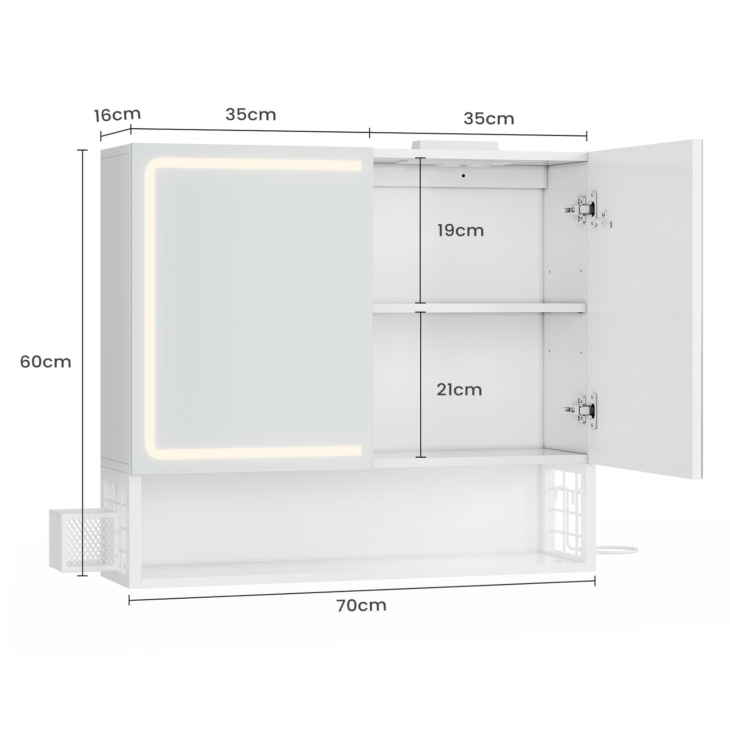 AOGLLATI Meuble-lavabo avec éclairage LED et prise électrique armoire de salle de bain avec miroir HD et étagères réglables mesurant 70 x 16 x 60 pouces