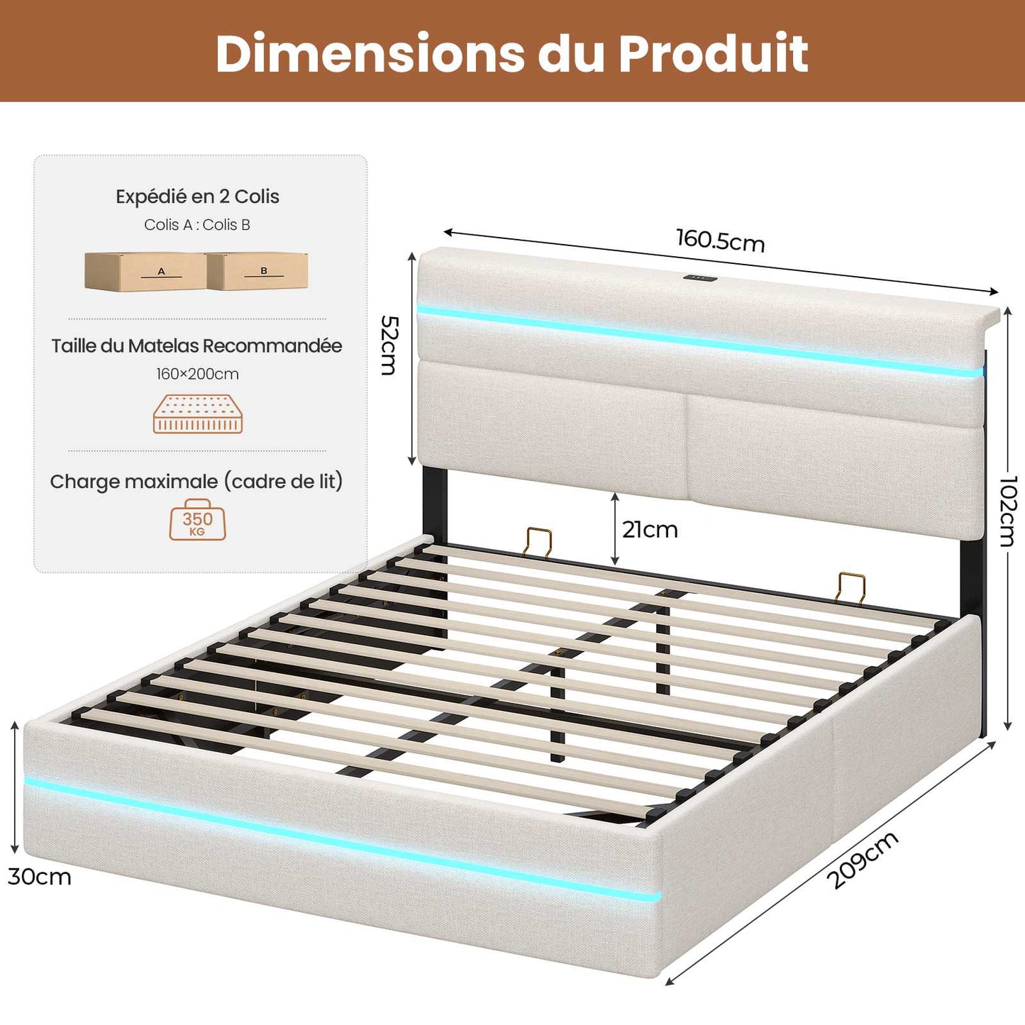 Lit double AOGLLATI 160 x 200 cm avec station de charge hydraulique et éclairage LED tête de lit rembourrée gris foncé