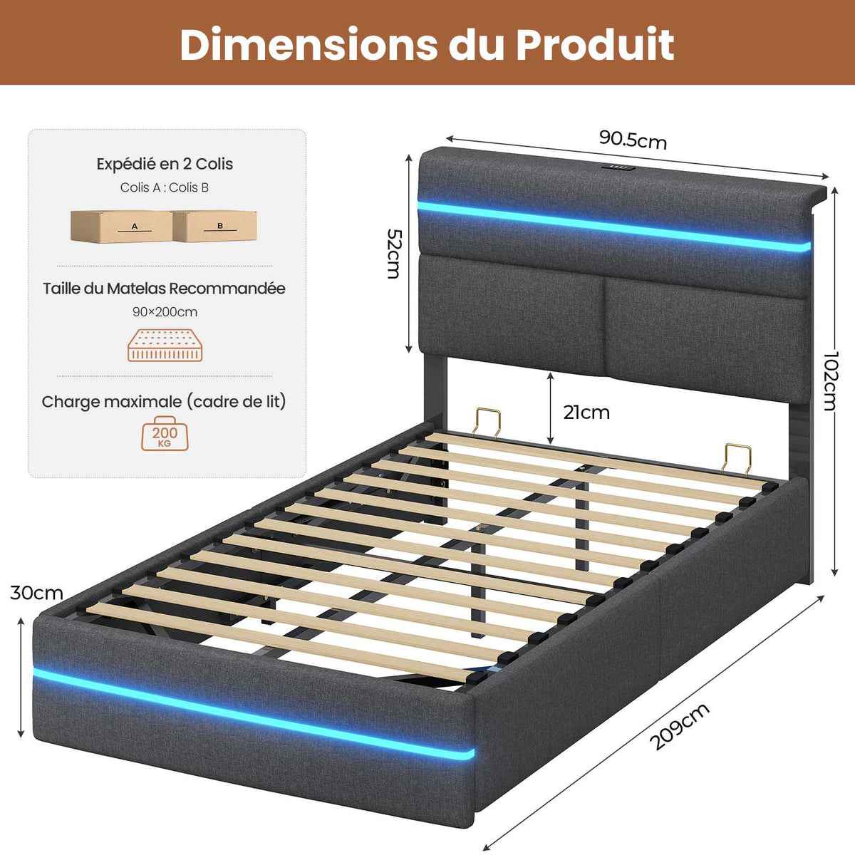 Lit double AOGLLATI 90 x 200 cm avec station de charge hydraulique et éclairage LED tête de lit rembourrée gris foncé