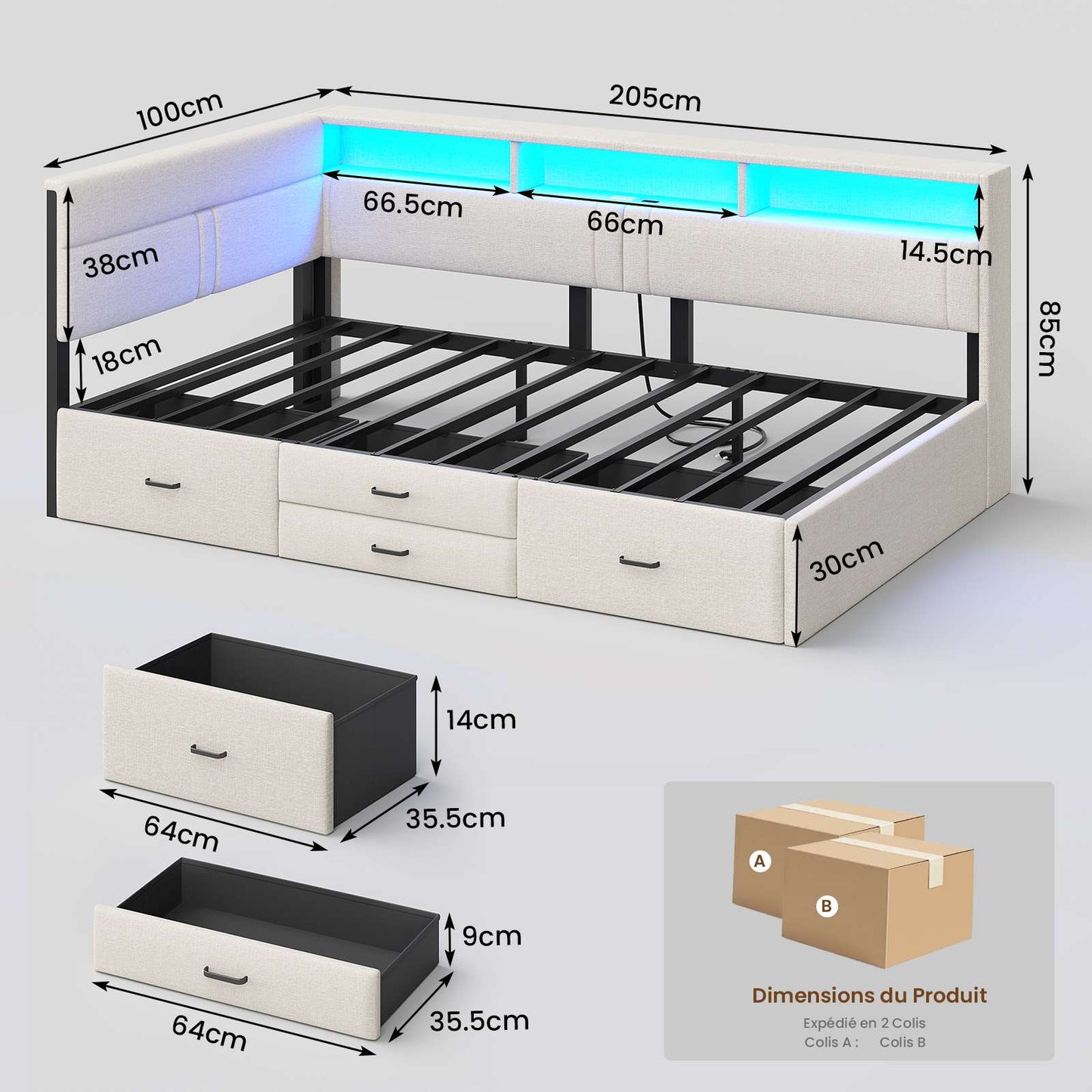Canapé lit rembourré AOGLLATI 90 x 200 cm lit simple avec éclairage LED et station de recharge 4 tiroirs et cadre de lit rayé