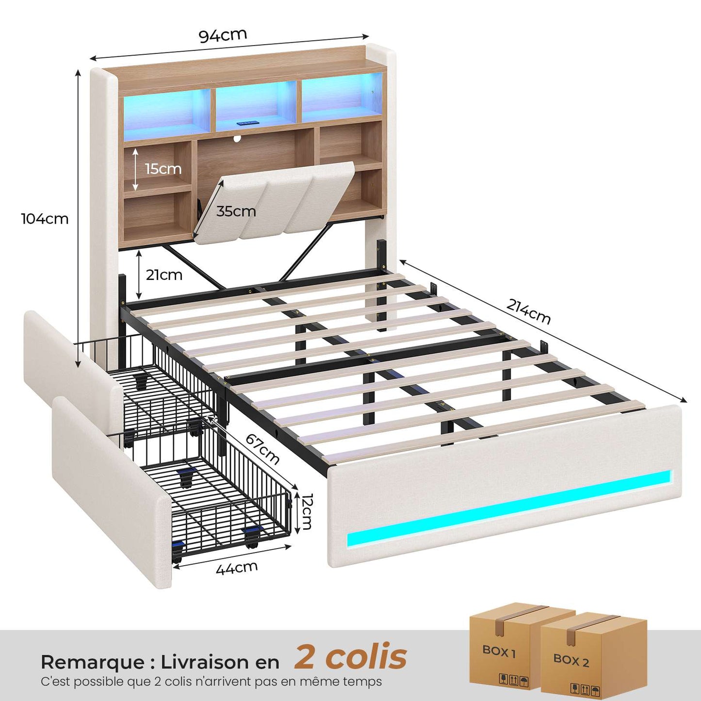 Lit coffre AOGLLATI 90x200 avec deux grands tiroirs lit simple en lin beige avec tête de lit de rangement éclairage LED et station de recharge