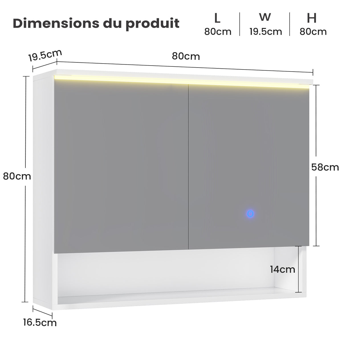 AOGLLATI Meuble Salle de Bain avec Éclairage LED et Prise, 80x19.5x75.5 cm
