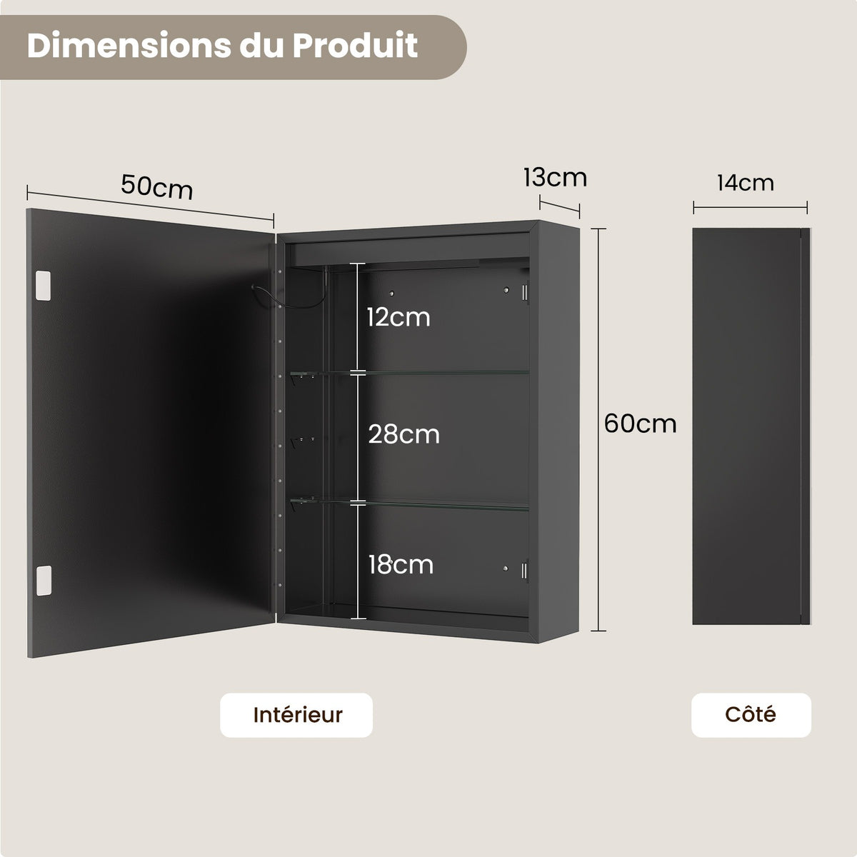 AOGLLATI Meuble Salle de Bain en Métal avec LED, Prise, Fonction Anti-Buée