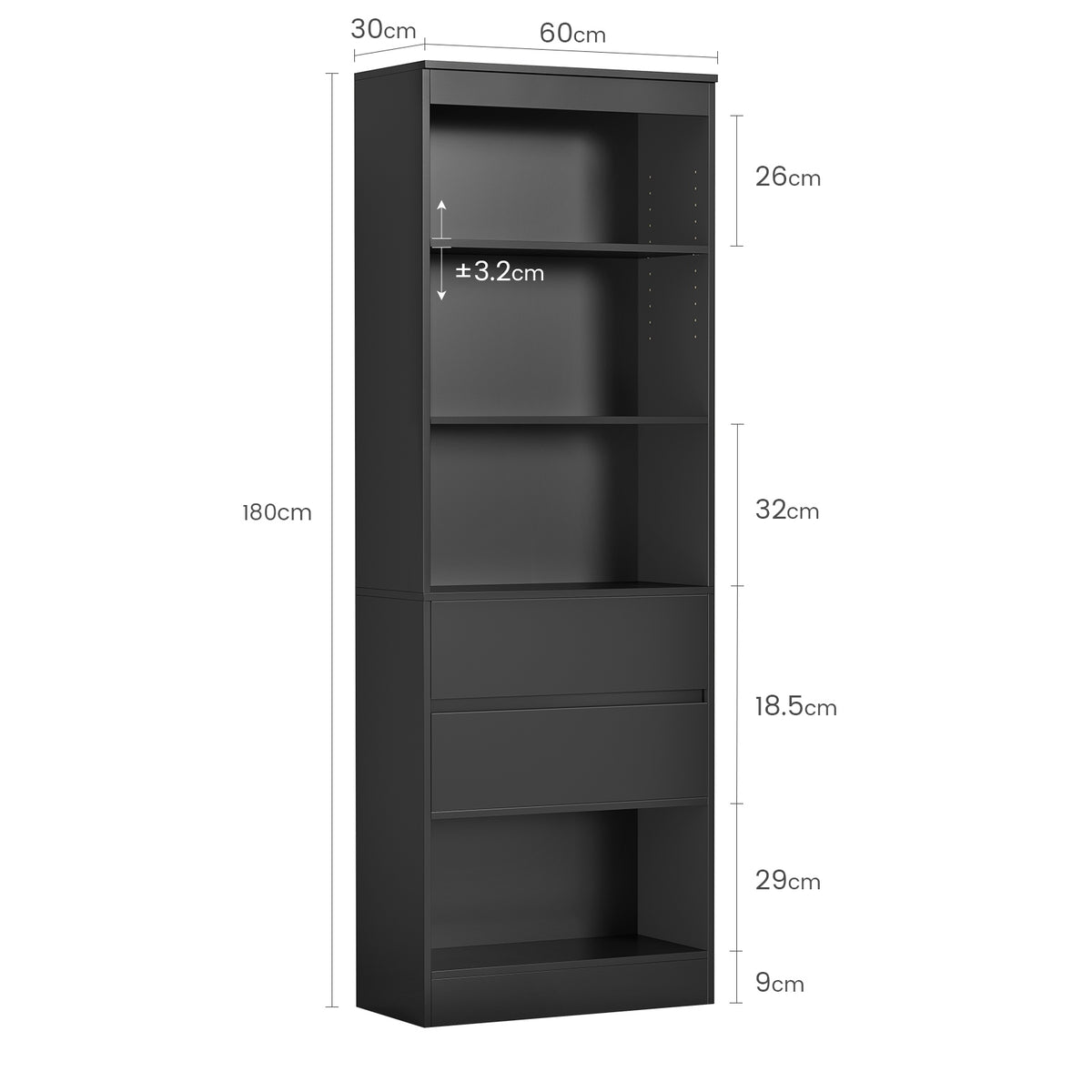 Bibliothèque Meuble de Rangement avec 2 Grands Tiroirs et 4 Compartiments Colonne Polyvalente avec Étagère Réglable180x60x24 CM