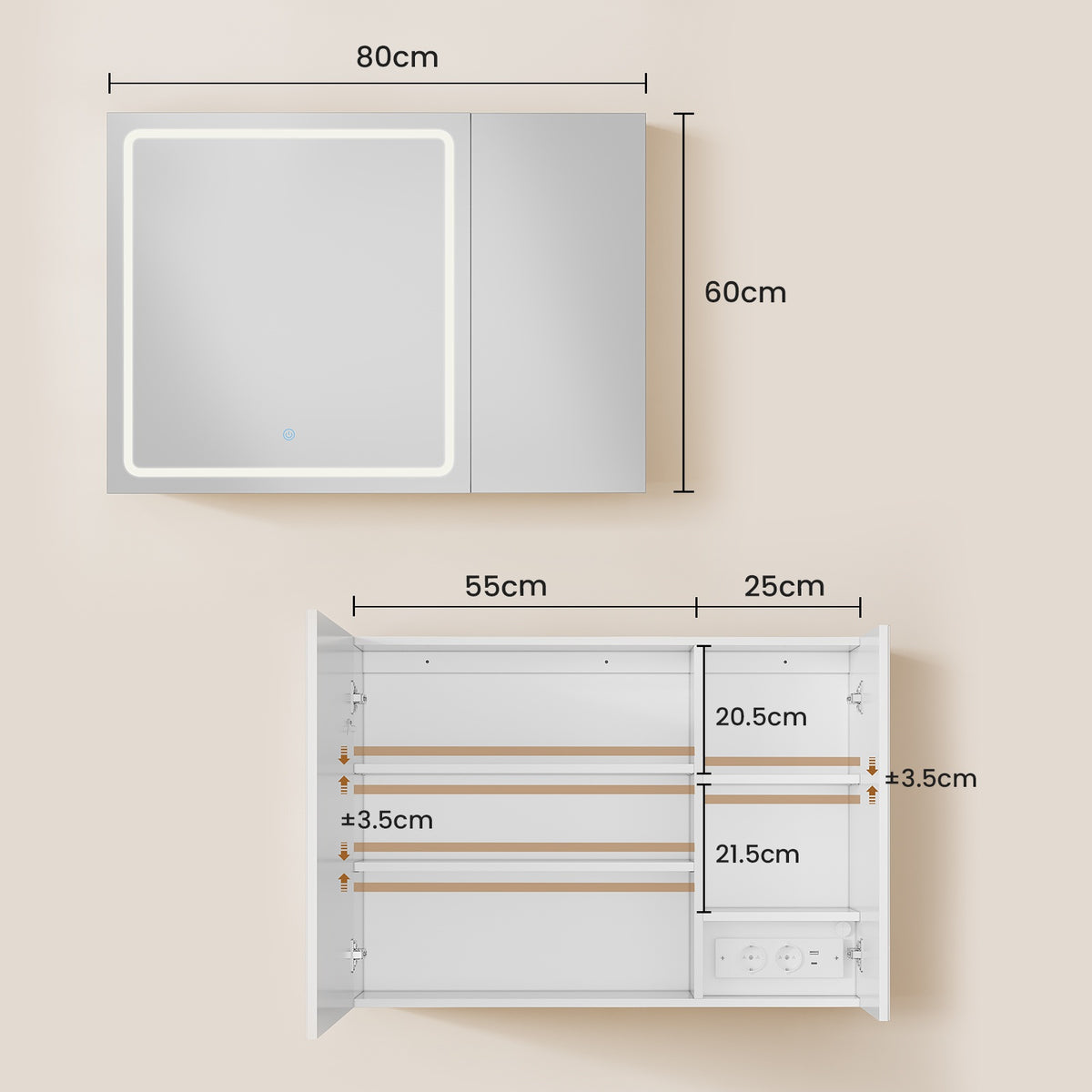 AOGLLATI Armoire Murale Salle de Bain avec Prise 3 Températures Lumière Dimmable Armoire de Toilette avec Miroir HD 16 x 80 x 60 cm Blanc