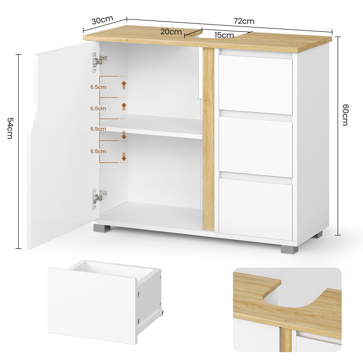 AOGLLATI Meuble sous lavabo Meuble sous Vasque avec 3 Tiroirs Latéraux 2 Cases derrière la Porte Étagères Réglables Blanc 30 x 60 x 72 cm