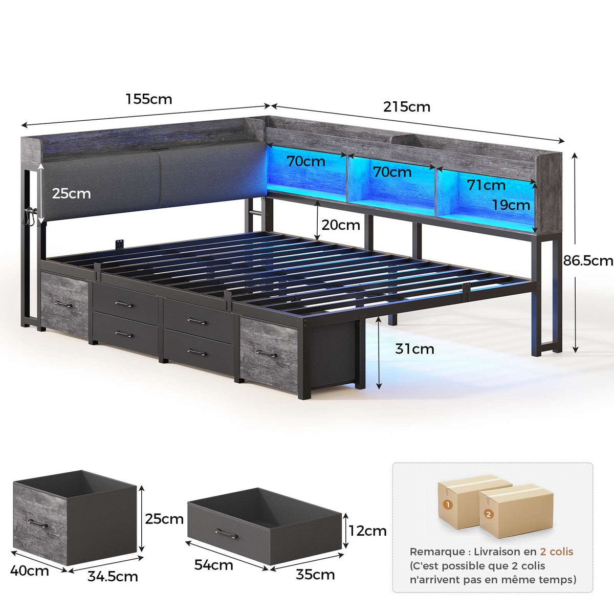 Canapé-lit AOGLLATI 140 x 200 avec rangement plusieurs p Rich text editor Descriptionrises et éclairage LED avec tête de lit rembourrée lit pour enfants lit double avec cadre en métal