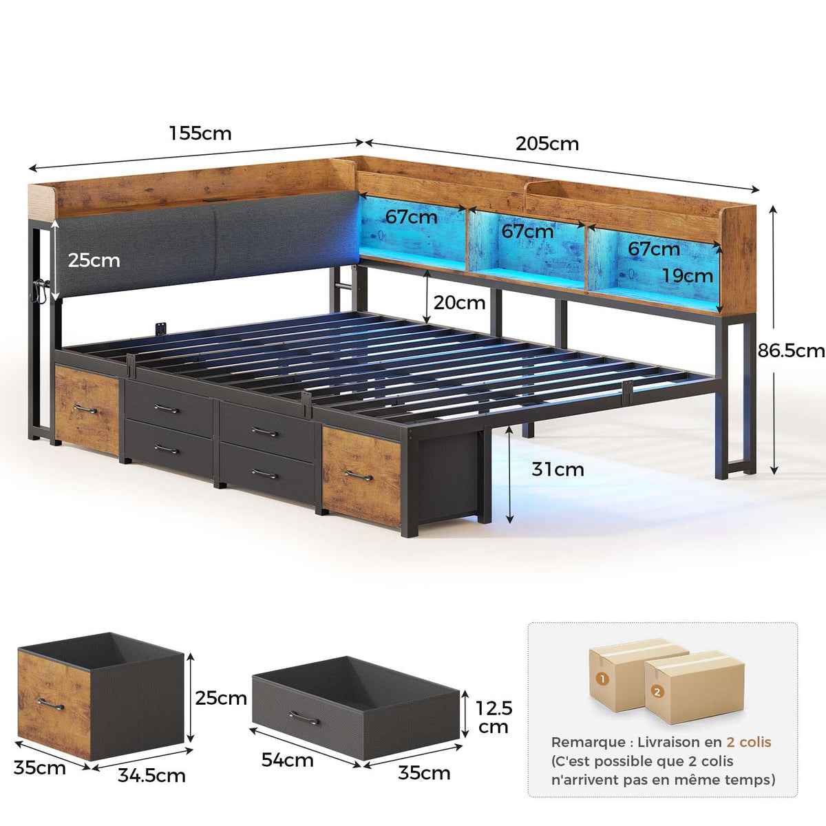 AOGLLATI Canapé Lit 140x190 avec Rangement Lit Coffre avec Multiprise et Éclairage LED Lit Enfant avec Tête de Lits Rembourrée 6 Compartiments & 6 Tiroirs