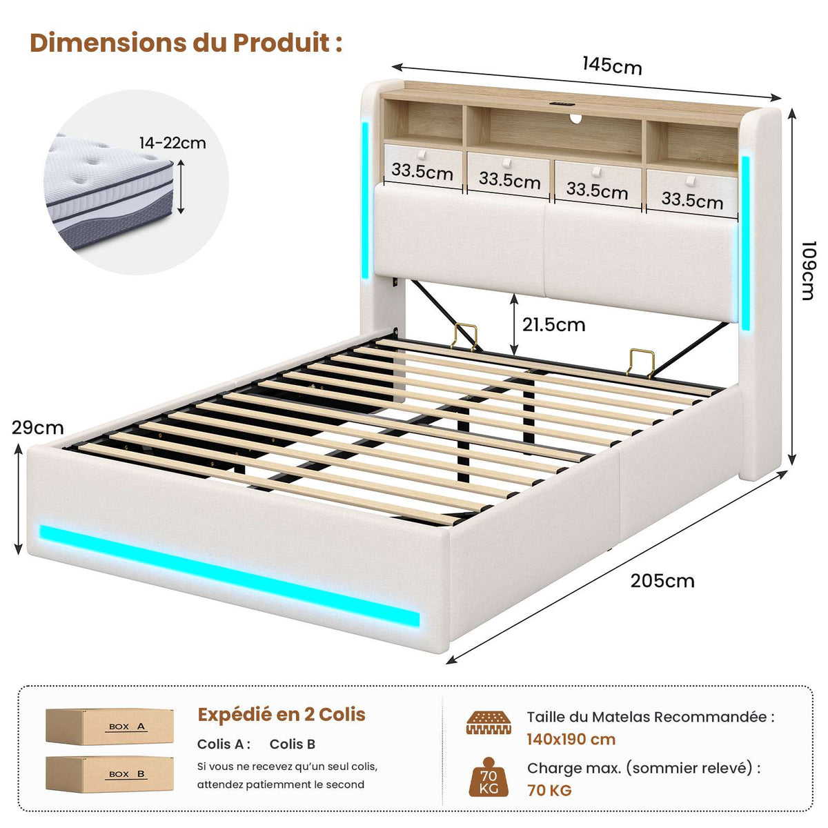 AOGLLATI Lit Hydraulique 140x190 avec Éclairage LED Multiprise & 4 Tiroirs