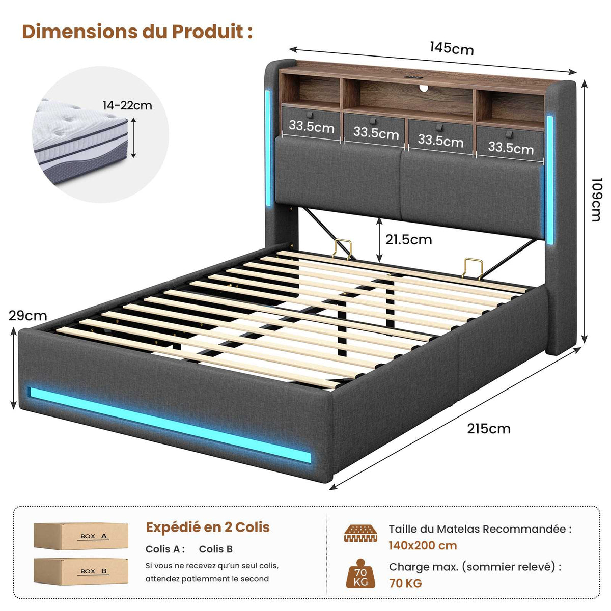 AOGLLATI Lit Hydraulique 140x200 avec Éclairage LED, Multiprise & 4 Tiroirs