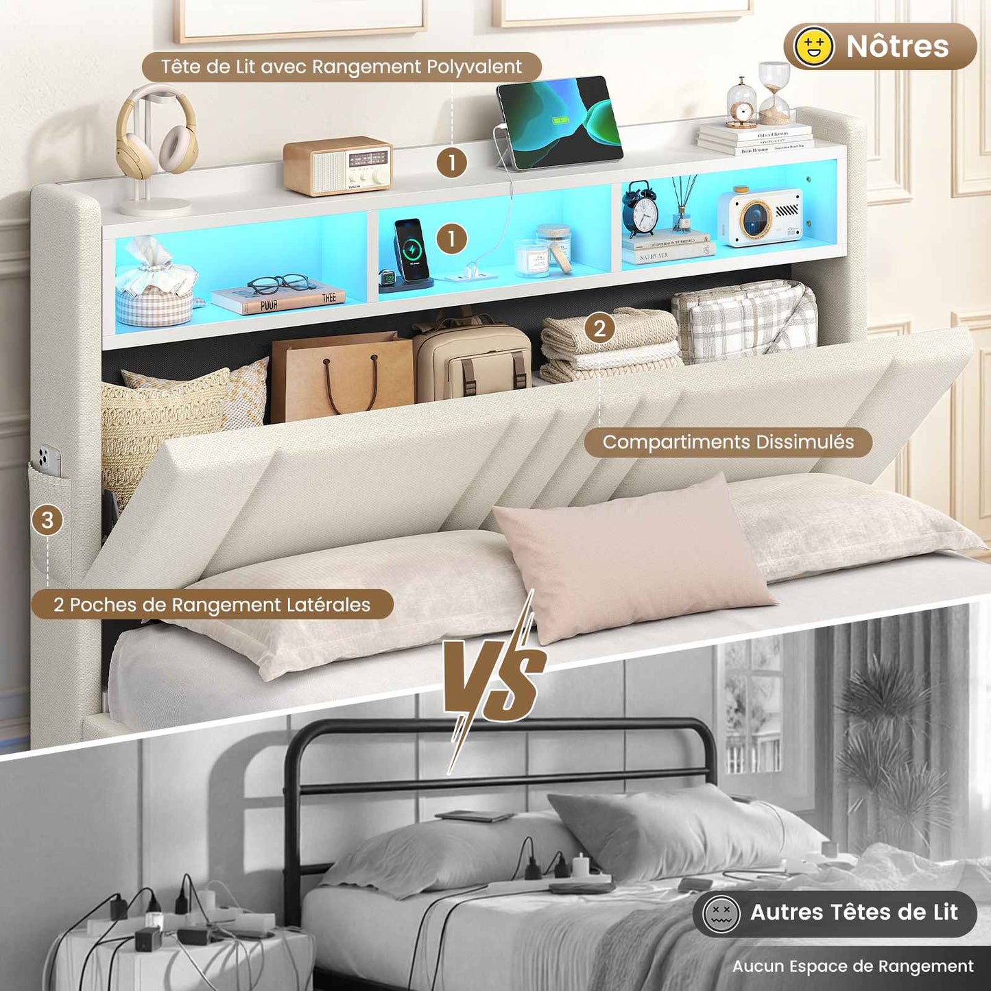 AOGLATI Lit coffre 140x190 avec rangement hydraulique et LED 270° Lit double avec multiprise Tête de lit rembourrée avec rangement
