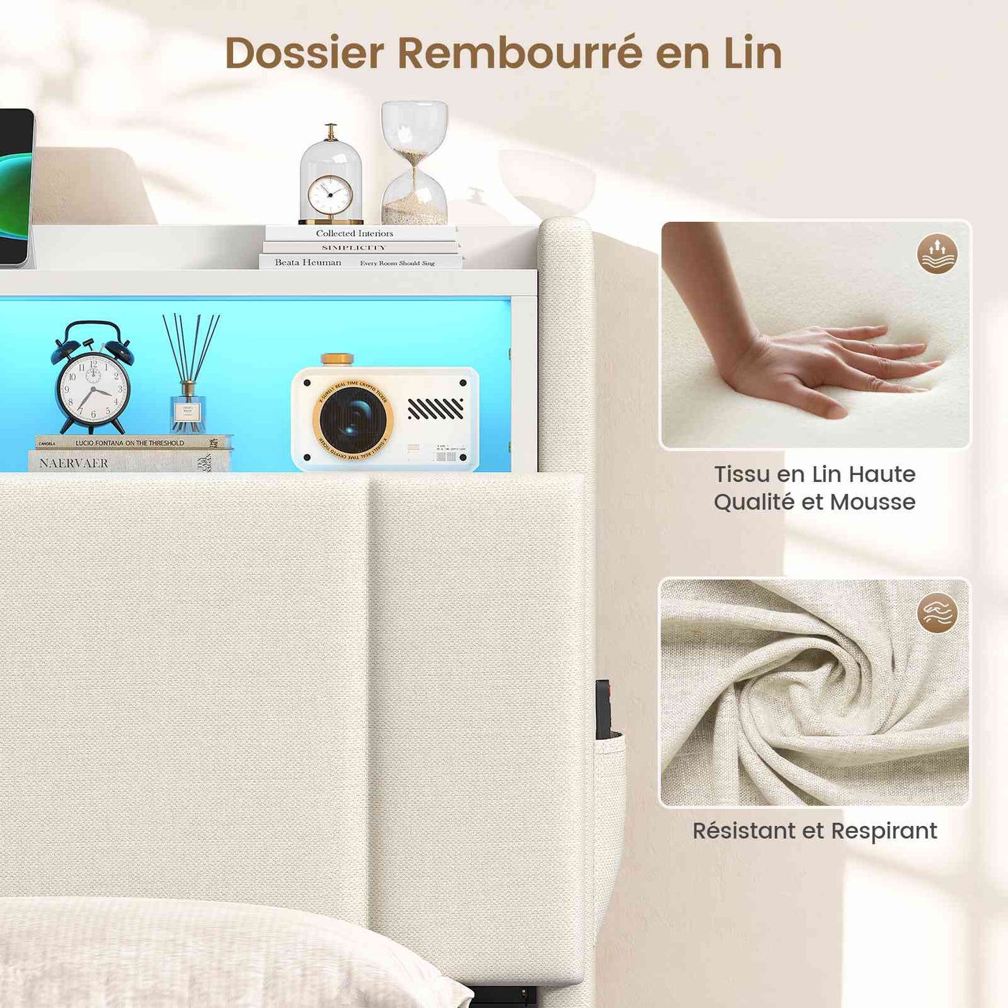 AOGLATI Lit coffre 140x190 avec rangement hydraulique et LED 270° Lit double avec multiprise Tête de lit rembourrée avec rangement