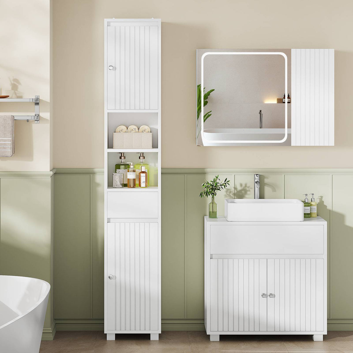 Armoire de Salle de Bain Meuble de Rangement avec Tiroir Étagères Réglables 2 Étagères Ouvertes 30 x 30 x 180 cm Blanc