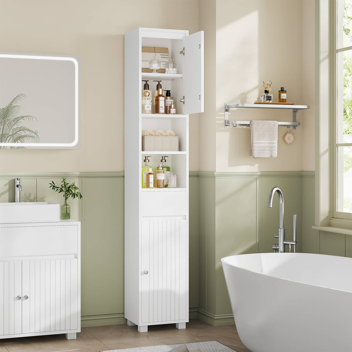 Armoire de Salle de Bain Meuble de Rangement avec Tiroir Étagères Réglables 2 Étagères Ouvertes 30 x 30 x 180 cm Blanc