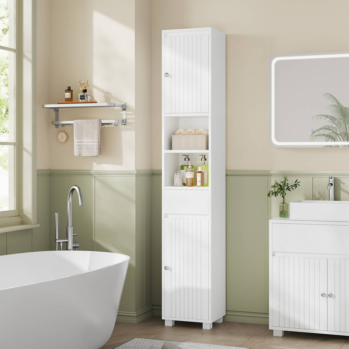 Armoire de Salle de Bain Meuble de Rangement avec Tiroir Étagères Réglables 2 Étagères Ouvertes 30 x 30 x 180 cm Blanc