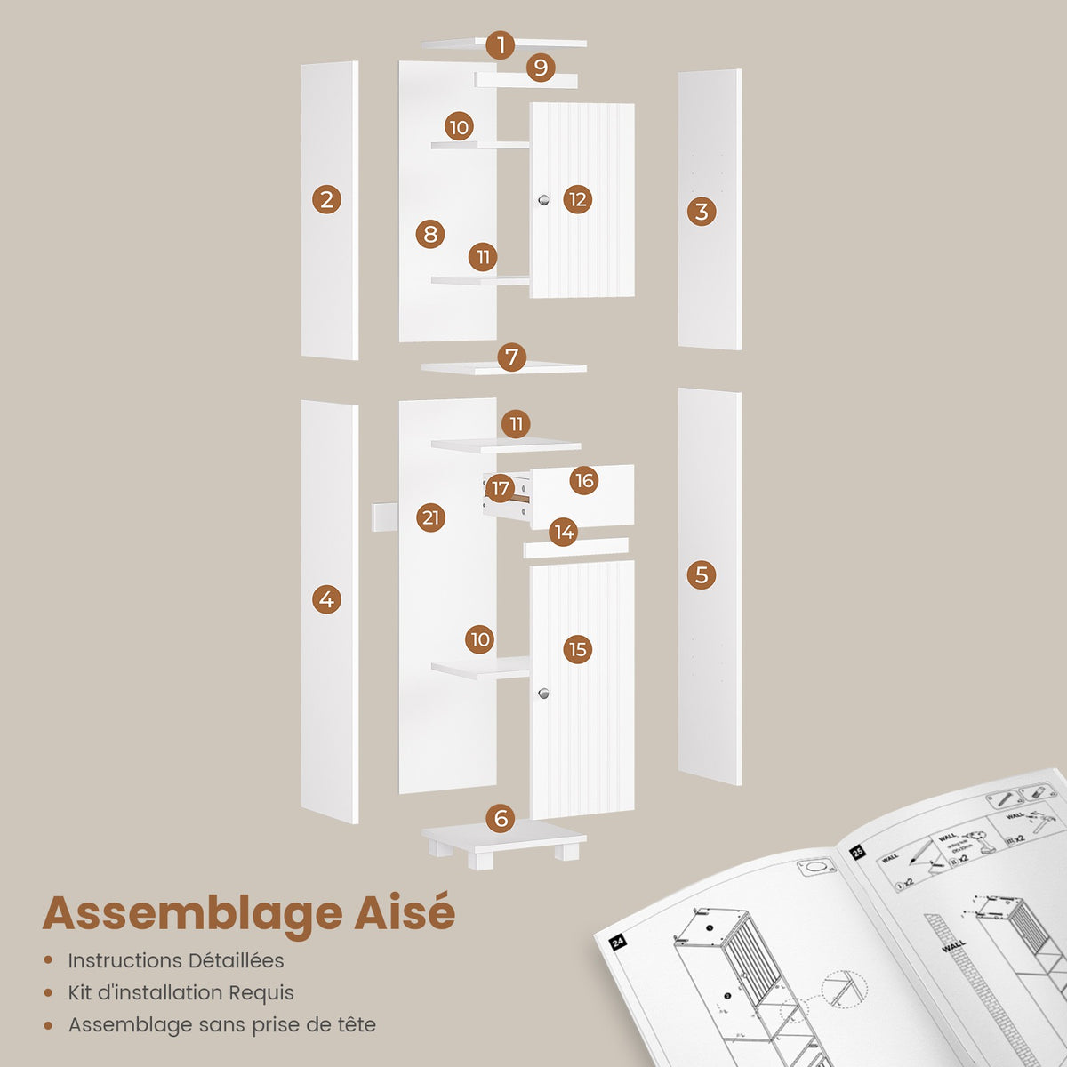 Armoire de Salle de Bain Meuble de Rangement avec Tiroir Étagères Réglables 2 Étagères Ouvertes 30 x 30 x 180 cm Blanc