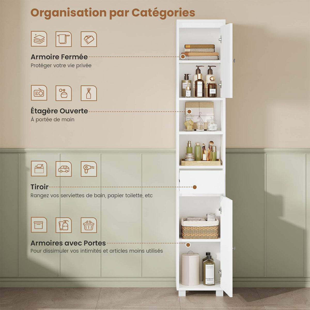 Armoire de Salle de Bain Meuble de Rangement avec Tiroir Étagères Réglables 2 Étagères Ouvertes 30 x 30 x 180 cm Blanc