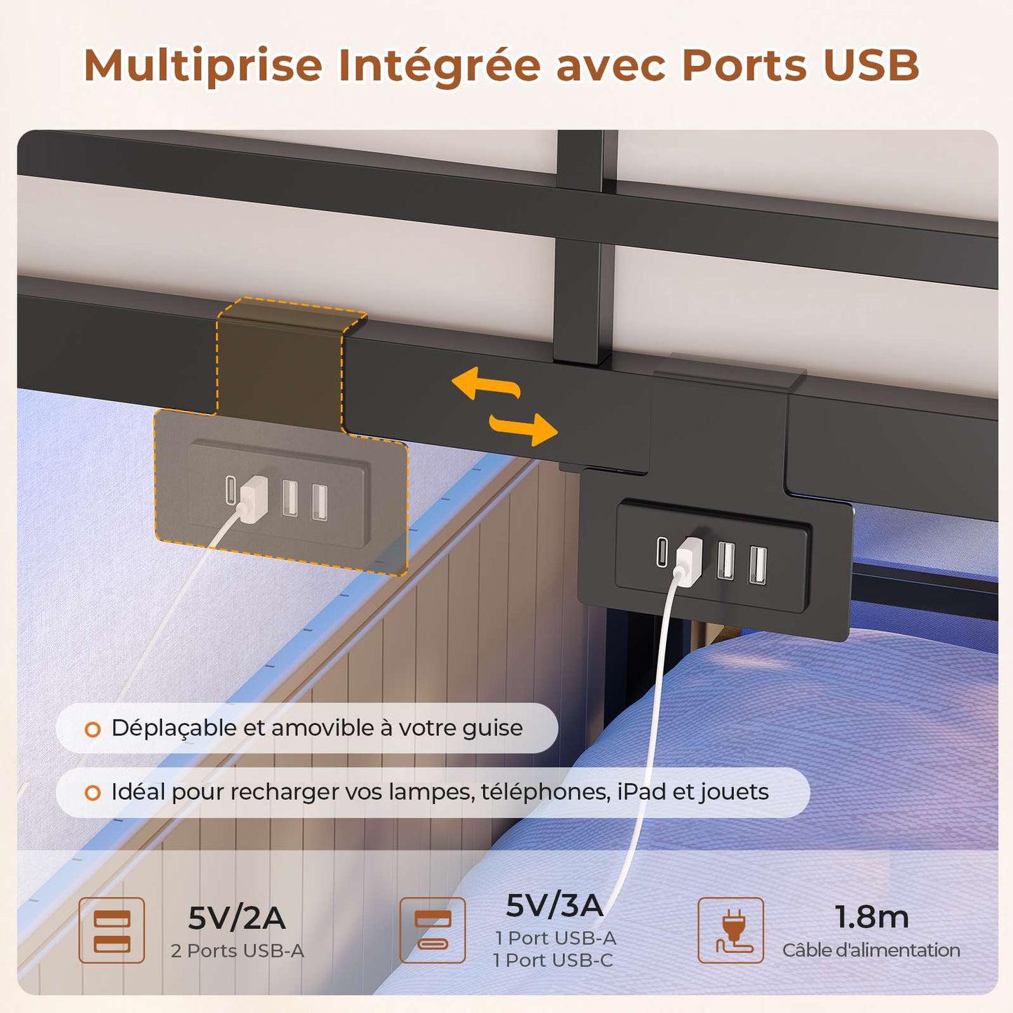 Lit superposé AOGLLATI 90 x 200 avec éclairage LED et 4 ports USB composé de 2 lits de 90 x 200 avec structure métallique doté de nombreux espaces de rangement