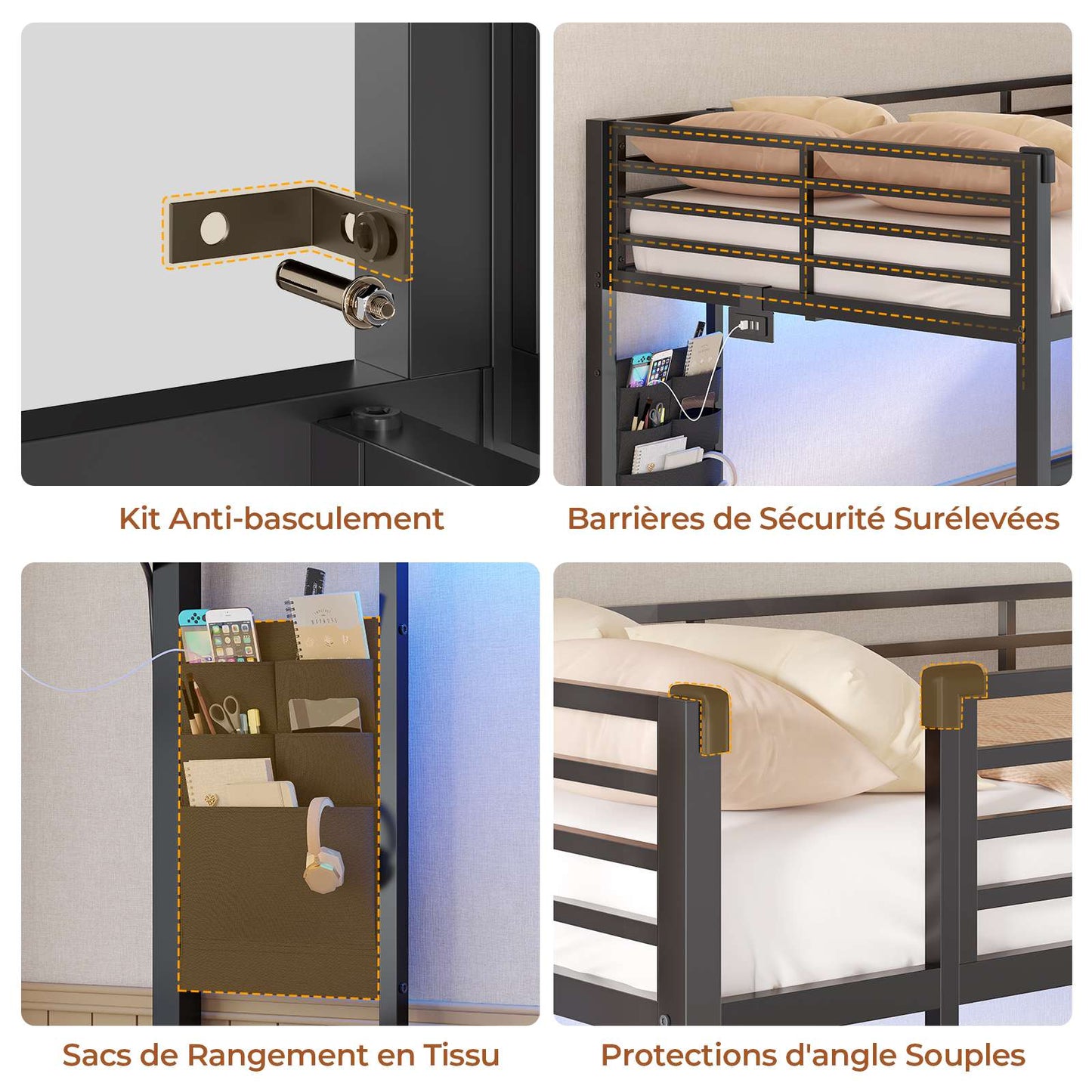 Lit superposé AOGLLATI 90 x 200 avec éclairage LED et 4 ports USB composé de 2 lits de 90 x 200 avec structure métallique doté de nombreux espaces de rangement